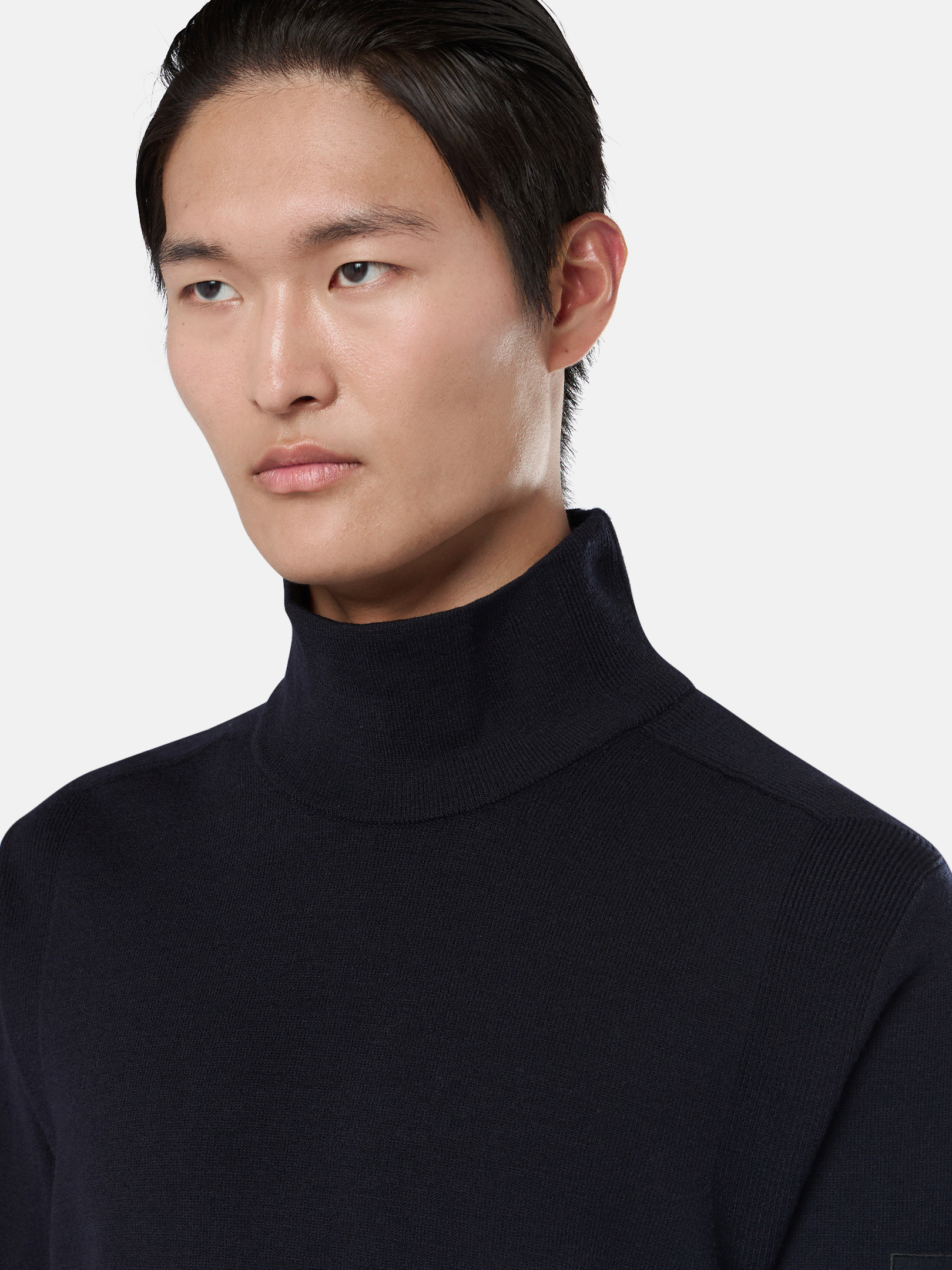 Navy Blue 530A1 STRETCH RWS WOOL Mock Neck Sweater with Ribbed 