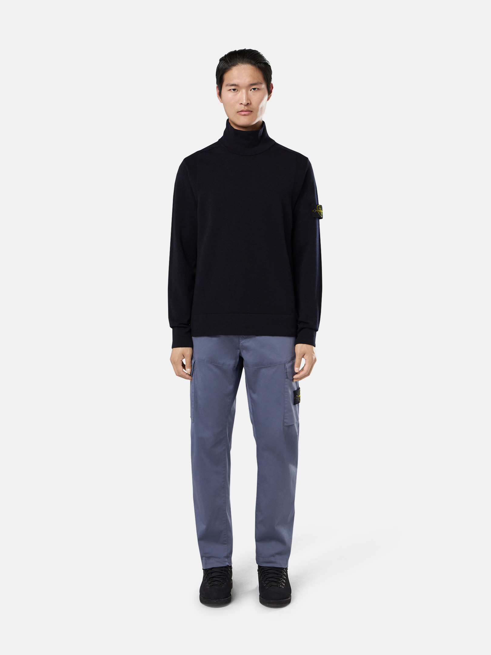 Navy Blue 530A1 STRETCH RWS WOOL Mock Neck Sweater with Ribbed 