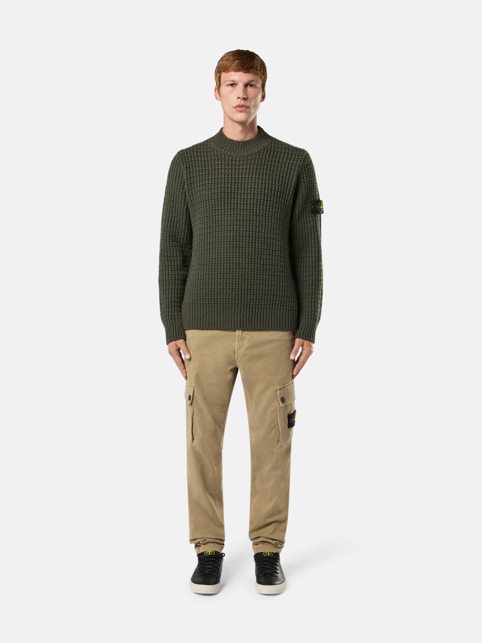 Musk Green 537D5 DOUBLE WEAVE PURE WOOL Mock Neck Sweater with  