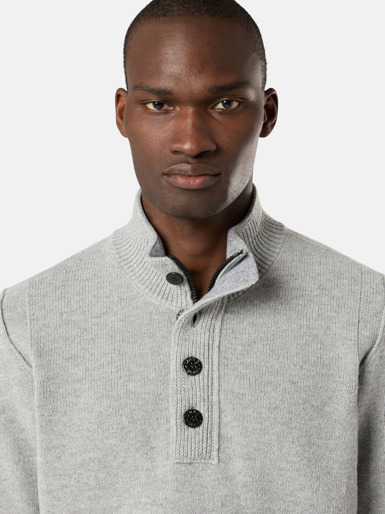 Dust Grey Melange 540A3 LAMBSWOOL Half Zip Sweater with Buttons