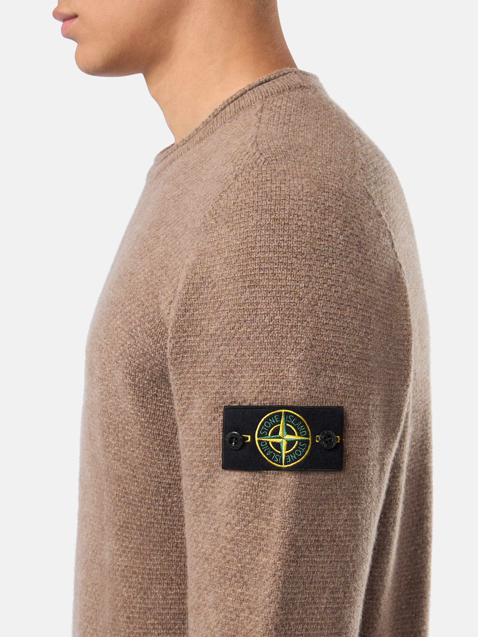 Walnut Brown 568A3 LAMBSWOOL Crewneck Sweater with Ribbed Details 