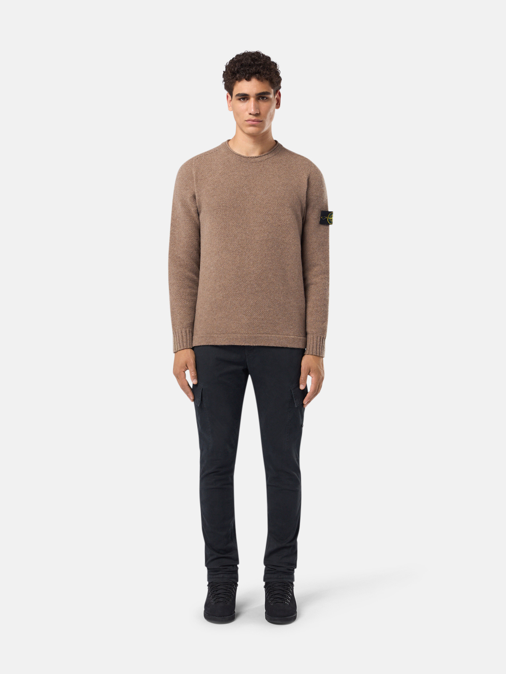Walnut Brown 568A3 LAMBSWOOL Crewneck Sweater with Ribbed Details 