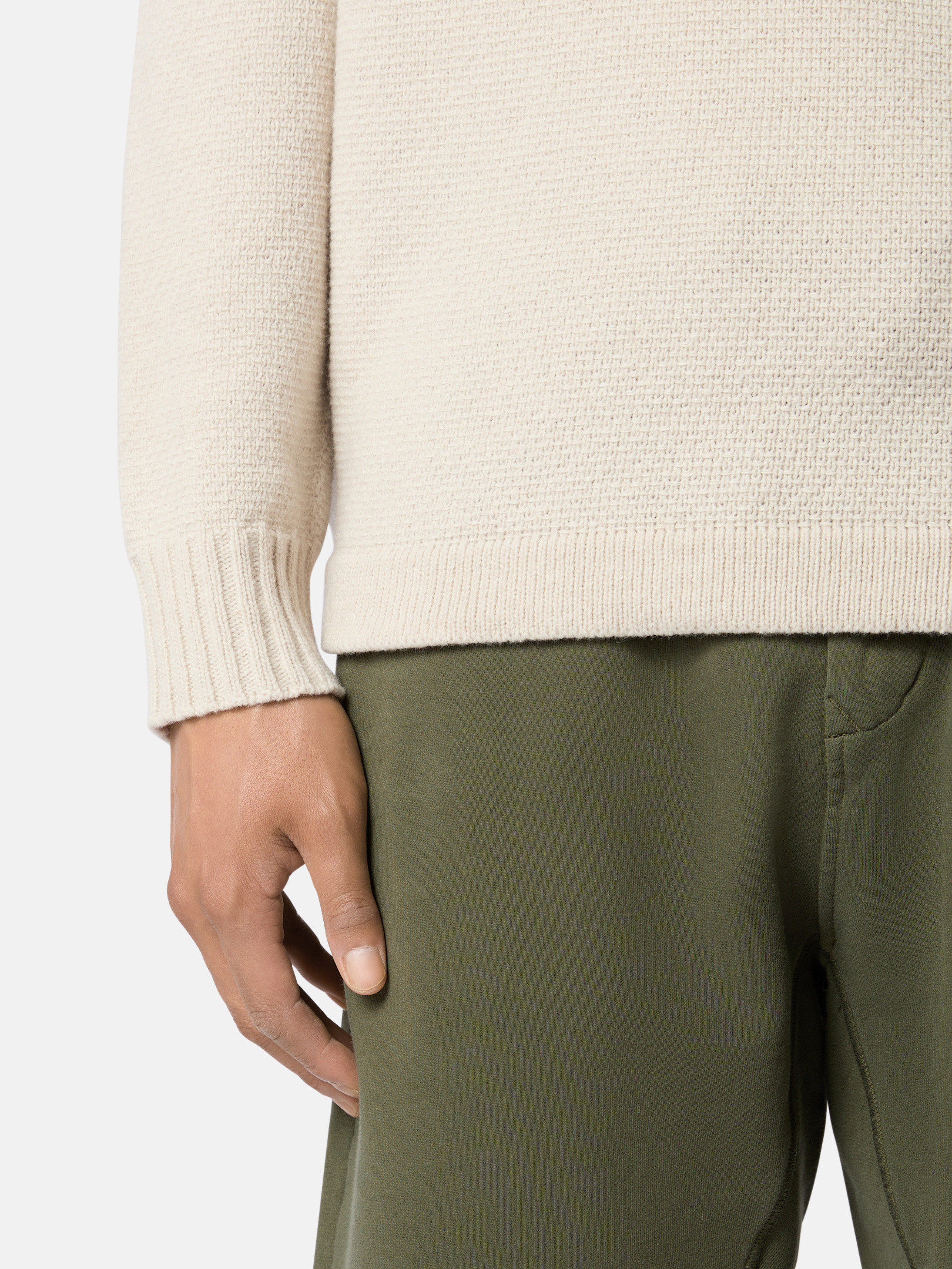 Wollweiß 568A3 LAMBSWOOL Rundhalspullover mit gerippten Details 