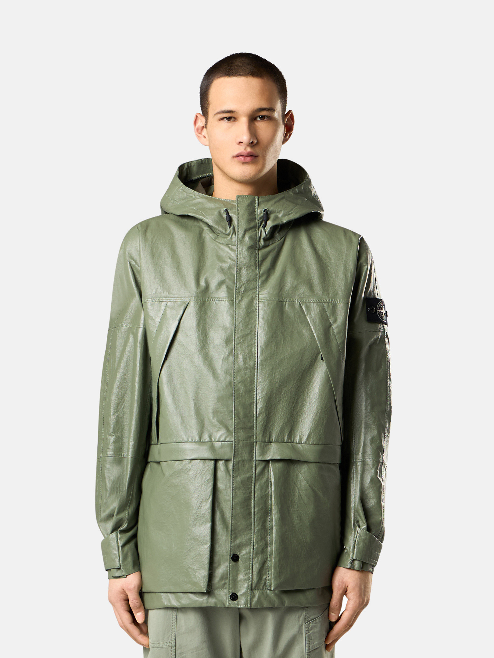 Sage Green 0100002 LIGHT LEATHER ORGANZA Hooded jacket with Sage Green 0100002 LIGHT LEATHER ORGANZA Hooded jacket with