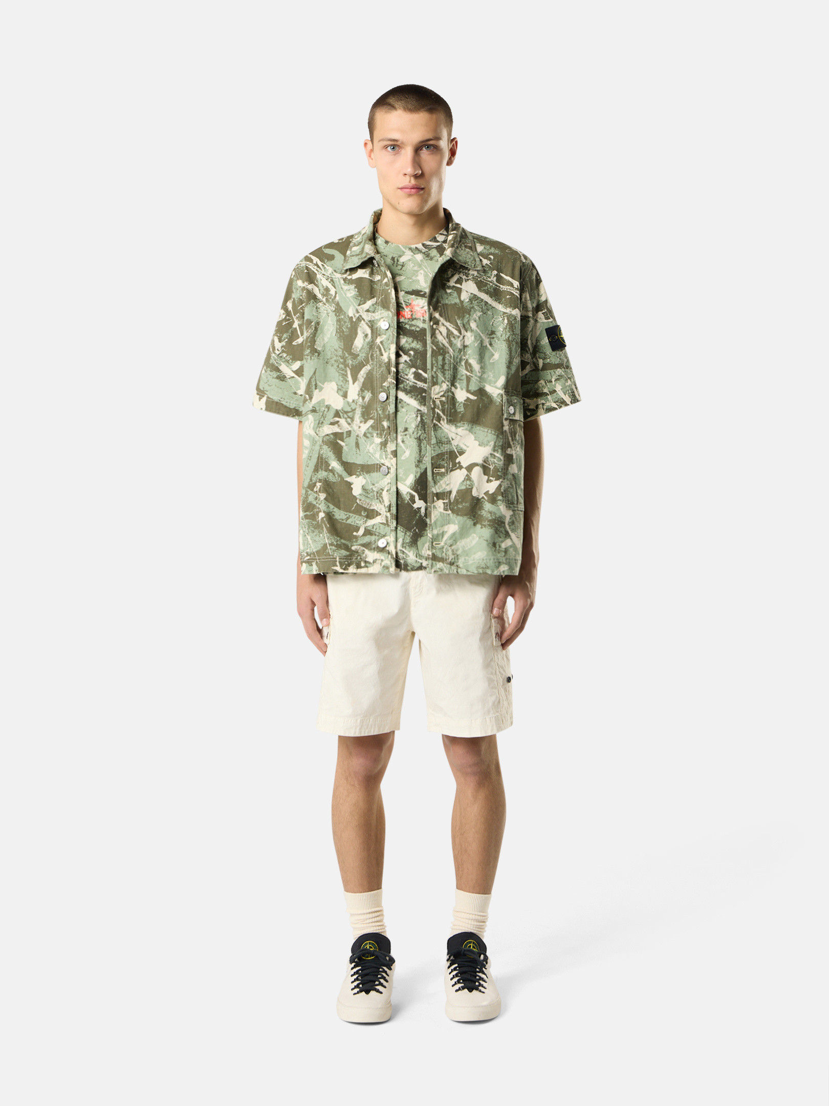 STONE  「コンパス カモ」プリント コットン Tシャツ ブラック 2100036 COMBED ORGANIC COTTON JERSEY ショート