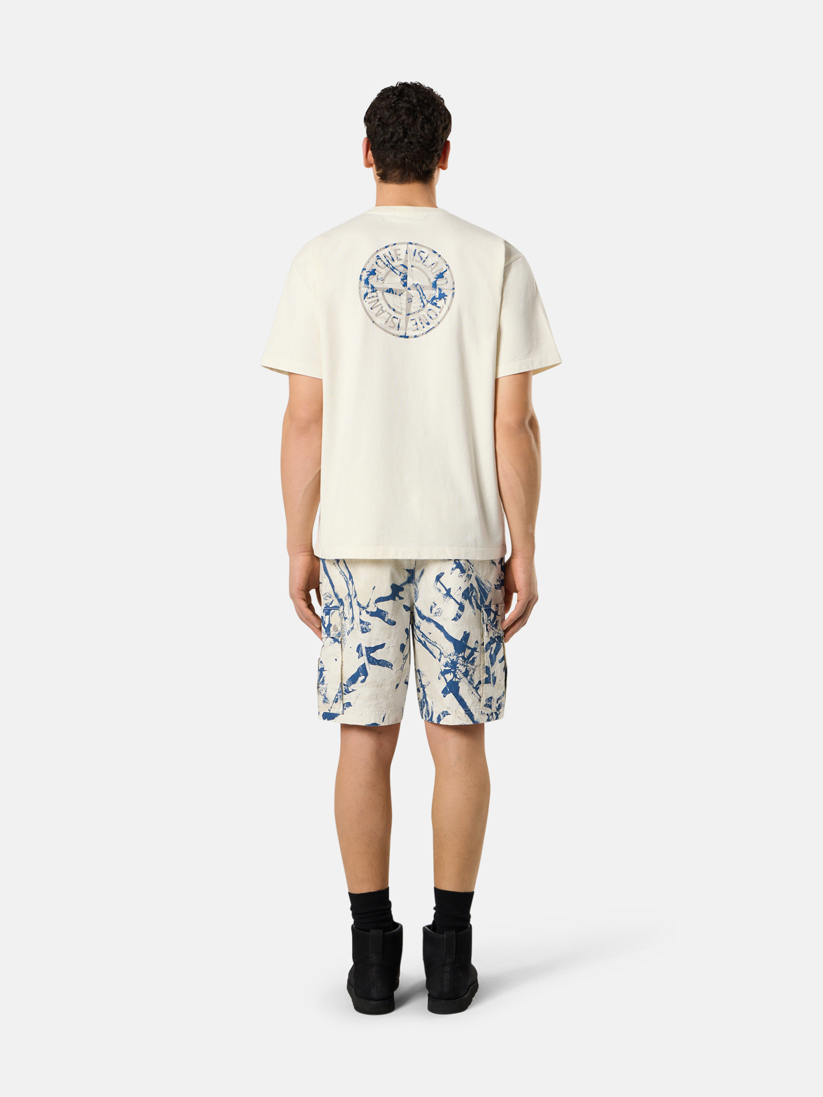 【STONE 】COMPASS CAMO T-SHIRT●K1S1521002RCS0153V0028 Ivory Short-sleeve T-shirt with 'Compass Camo' print 21002RC