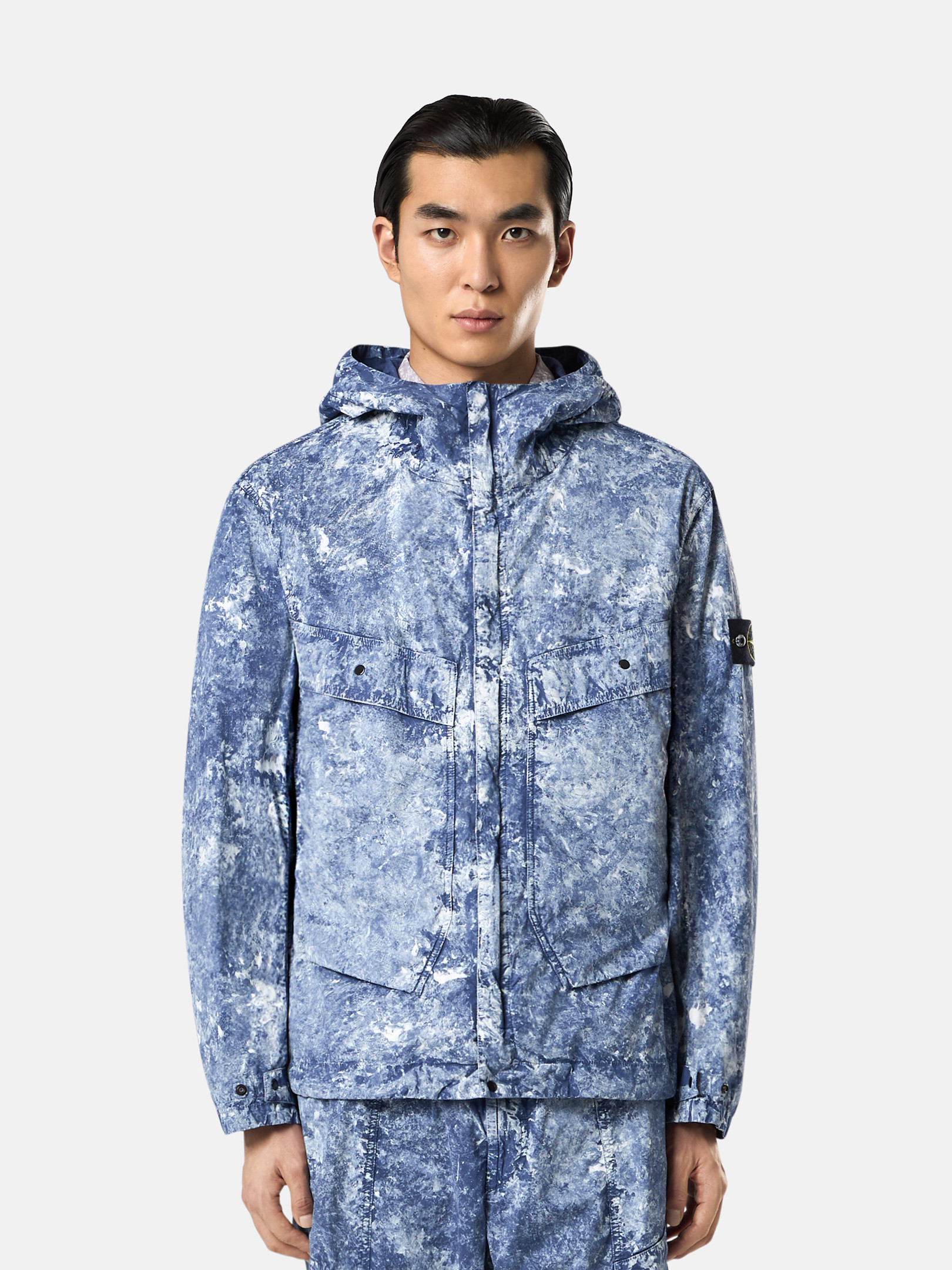 マリンブルー フード付き撥水ジャケット オールオーバーモチーフ
