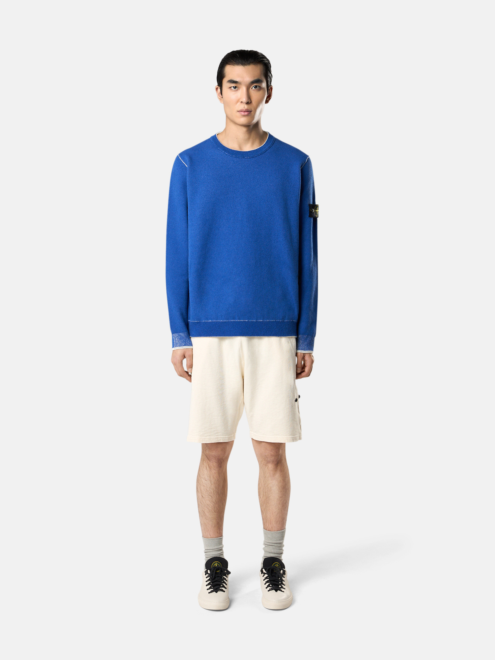 ★送料関税込★Stone  Double Face Cotton Nylon Crewneck Bright Blue Loose fit crewneck jumper with contrasting