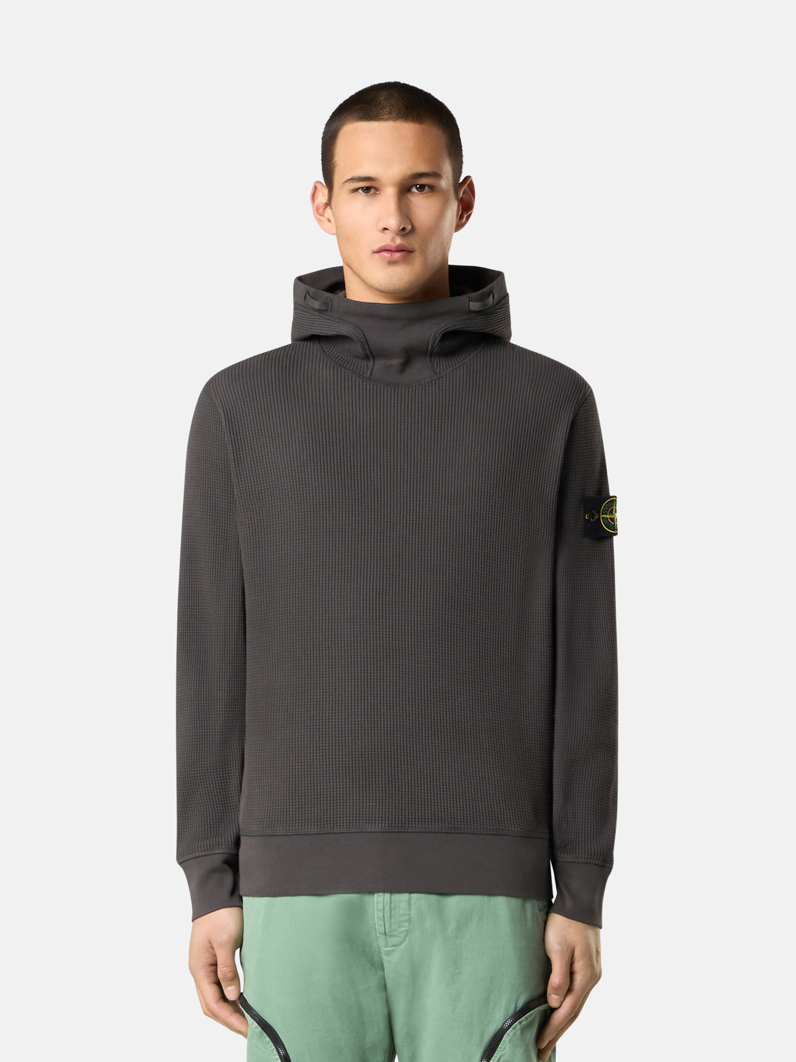 チャコールグレー リブスウェットシャツ ドローストリング入りフード