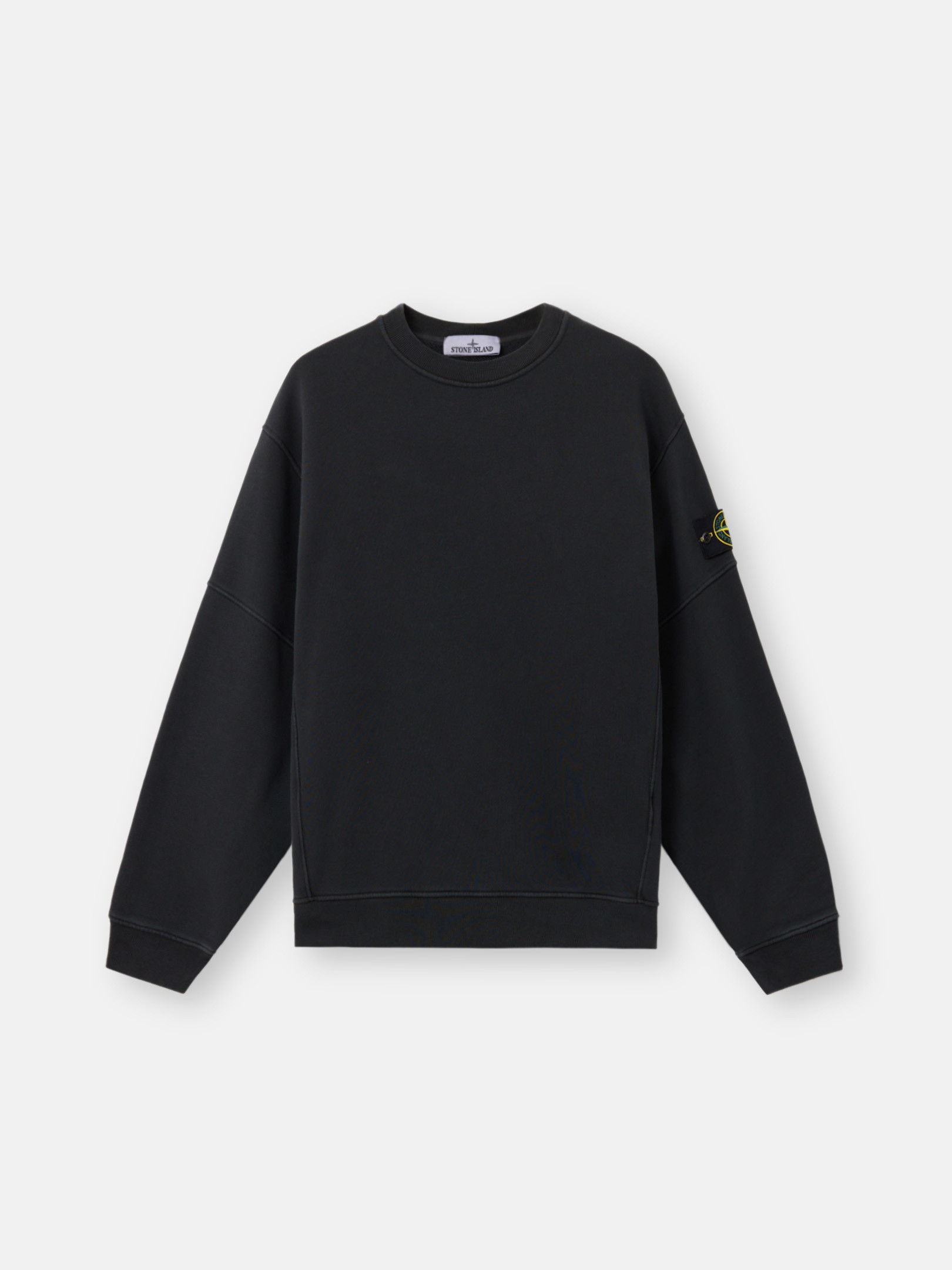 STONE ｜ (6100032 Organic Cotton Diagonal Fleece ' Black Oversized fit crewneck sweatshirt with faded