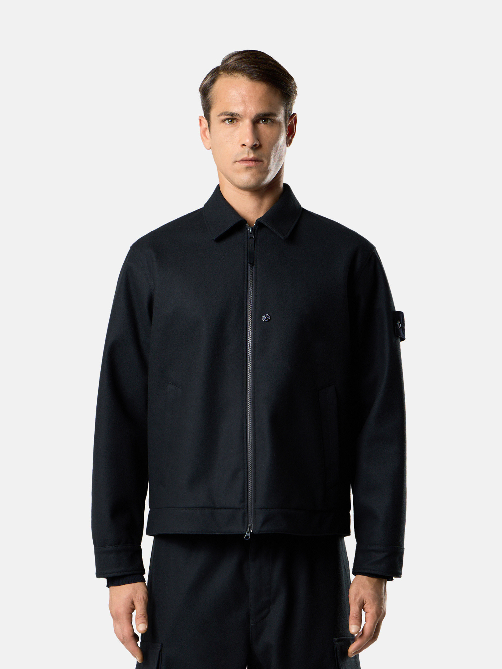 Navy Blue Comfort-fit zip-up overshirt with wind-resistant
