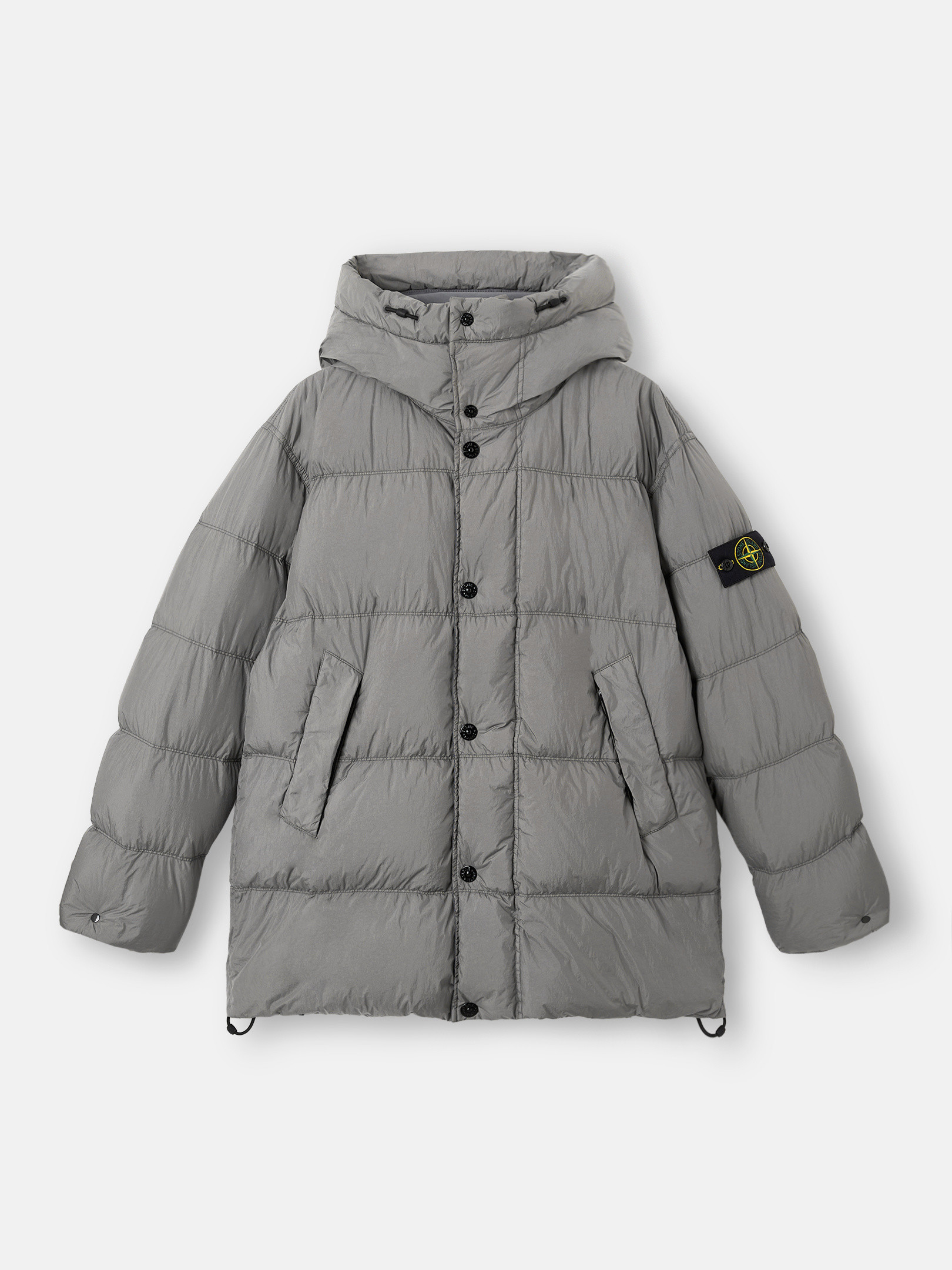 Stone Island Quilted Hooded Down Jacket With Angular Flap Pockets In Gray