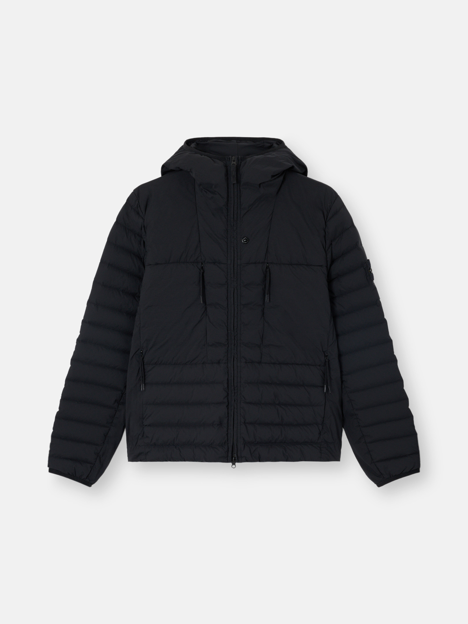 Black Hooded jacket with seamless feather tunnels and anti-drop