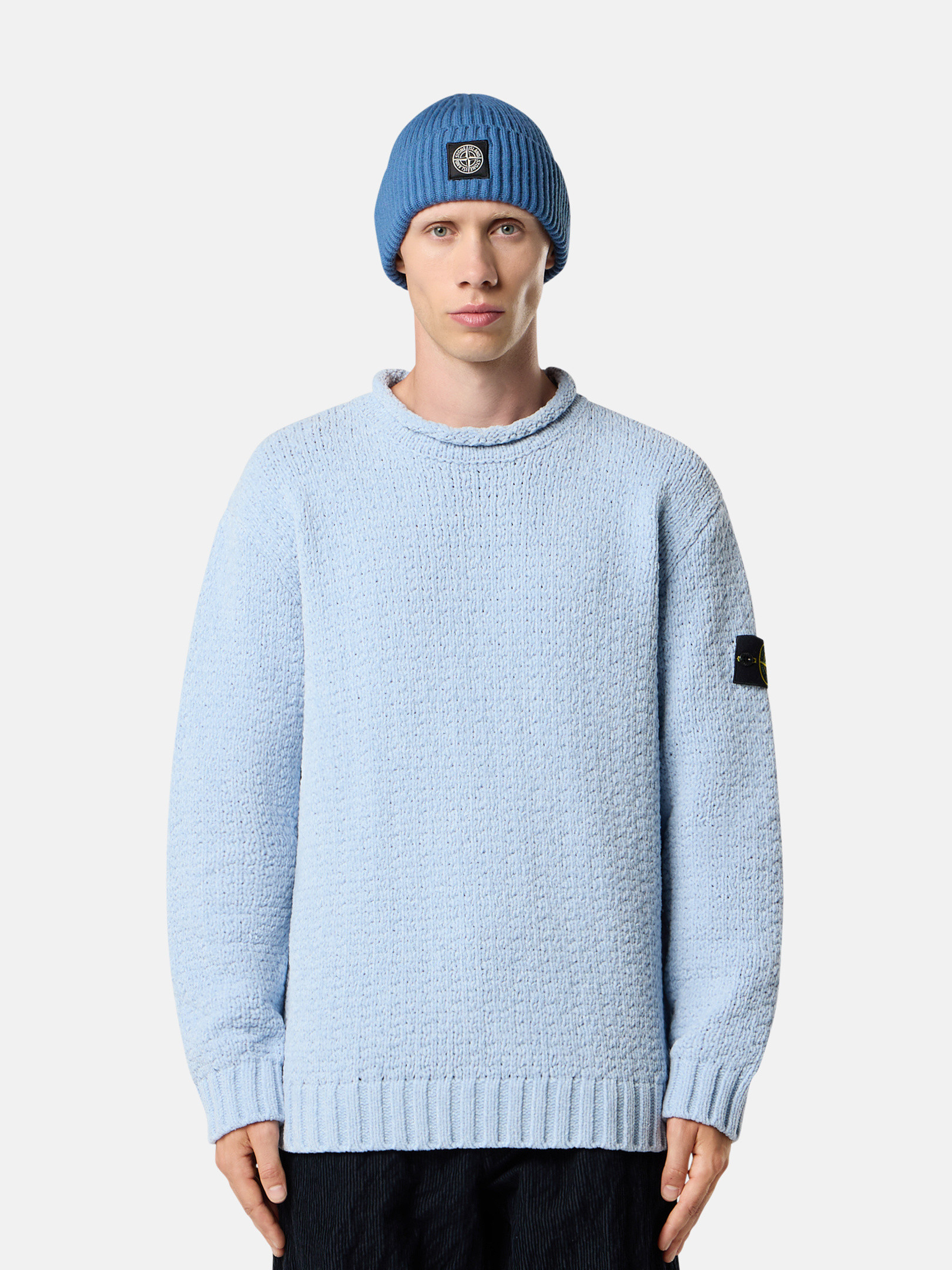 【送料&関税込】Stone  Electric Blue Cotton Sweater Stone Island Knitted Lambwool Sweater Mid Blue at CareOfCarl.com