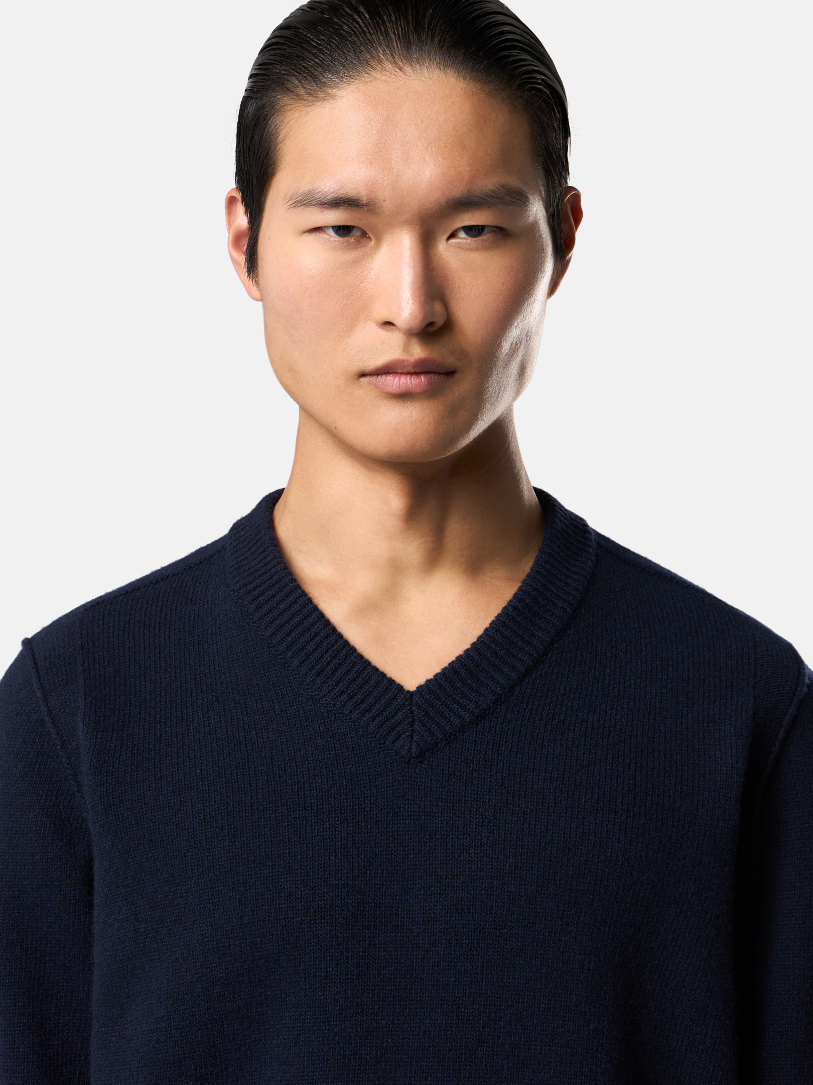 Navy Blue V-Neck Sweater with Stitch Details 5100033 LAMBSWOOL 