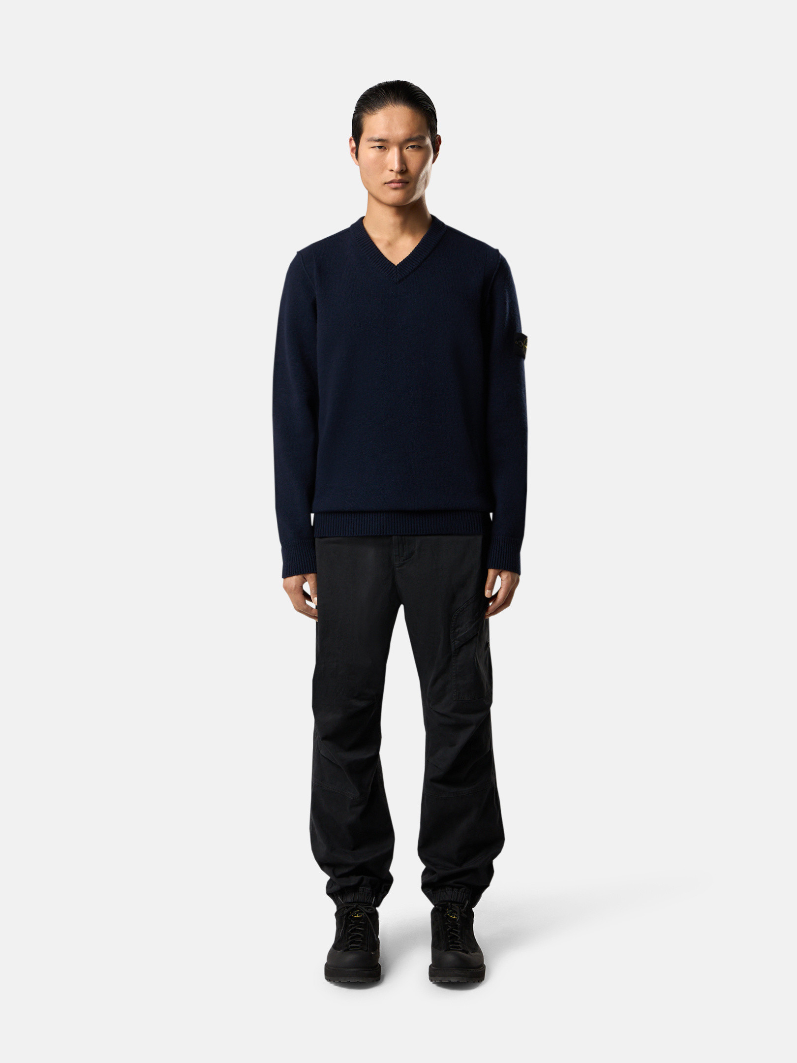 Navy Blue V-Neck Sweater with Stitch Details 5100033 LAMBSWOOL