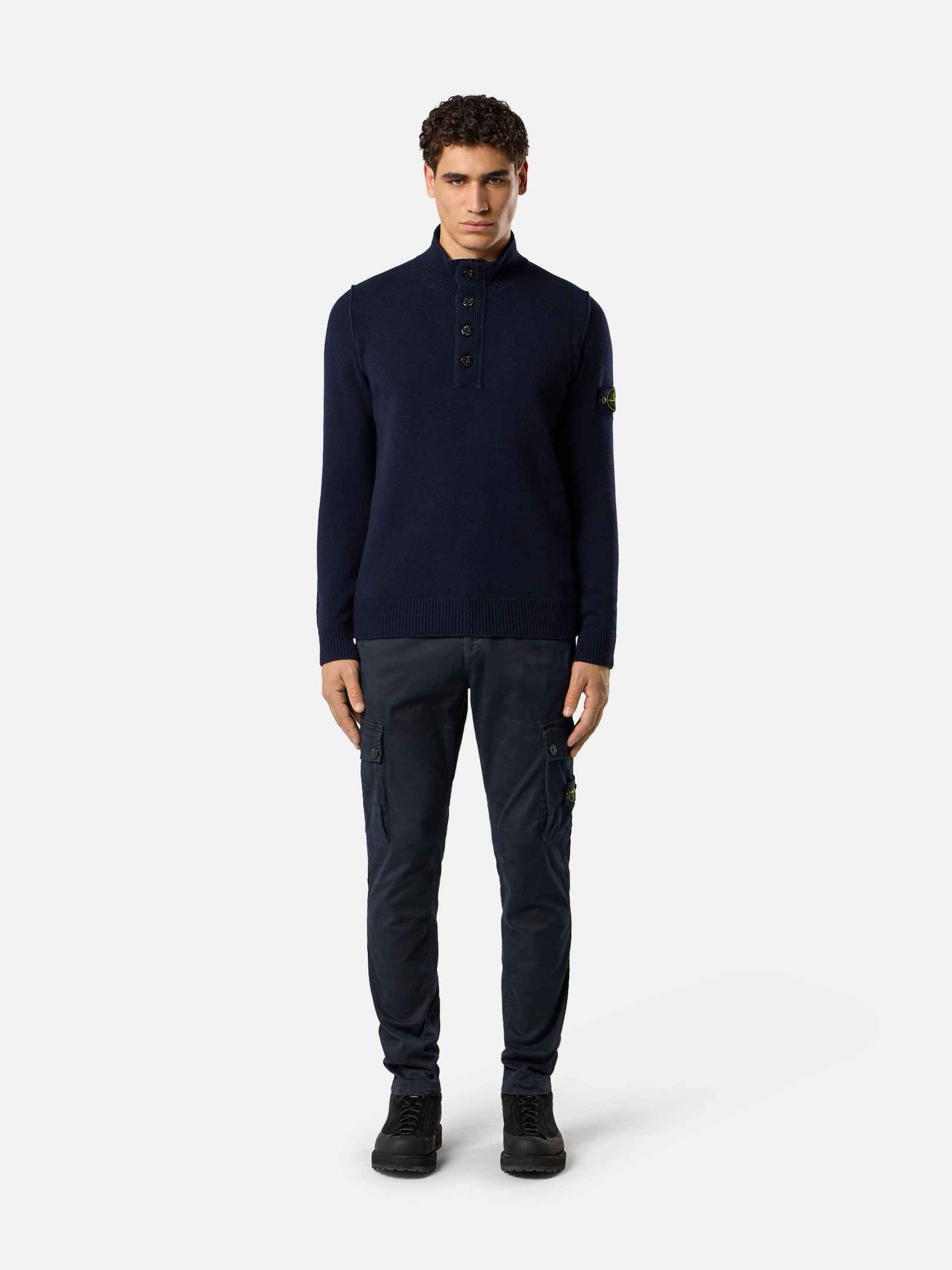 Navy Blue Half-zipper sweater with felt trims 5100040 LAMBSWOOL