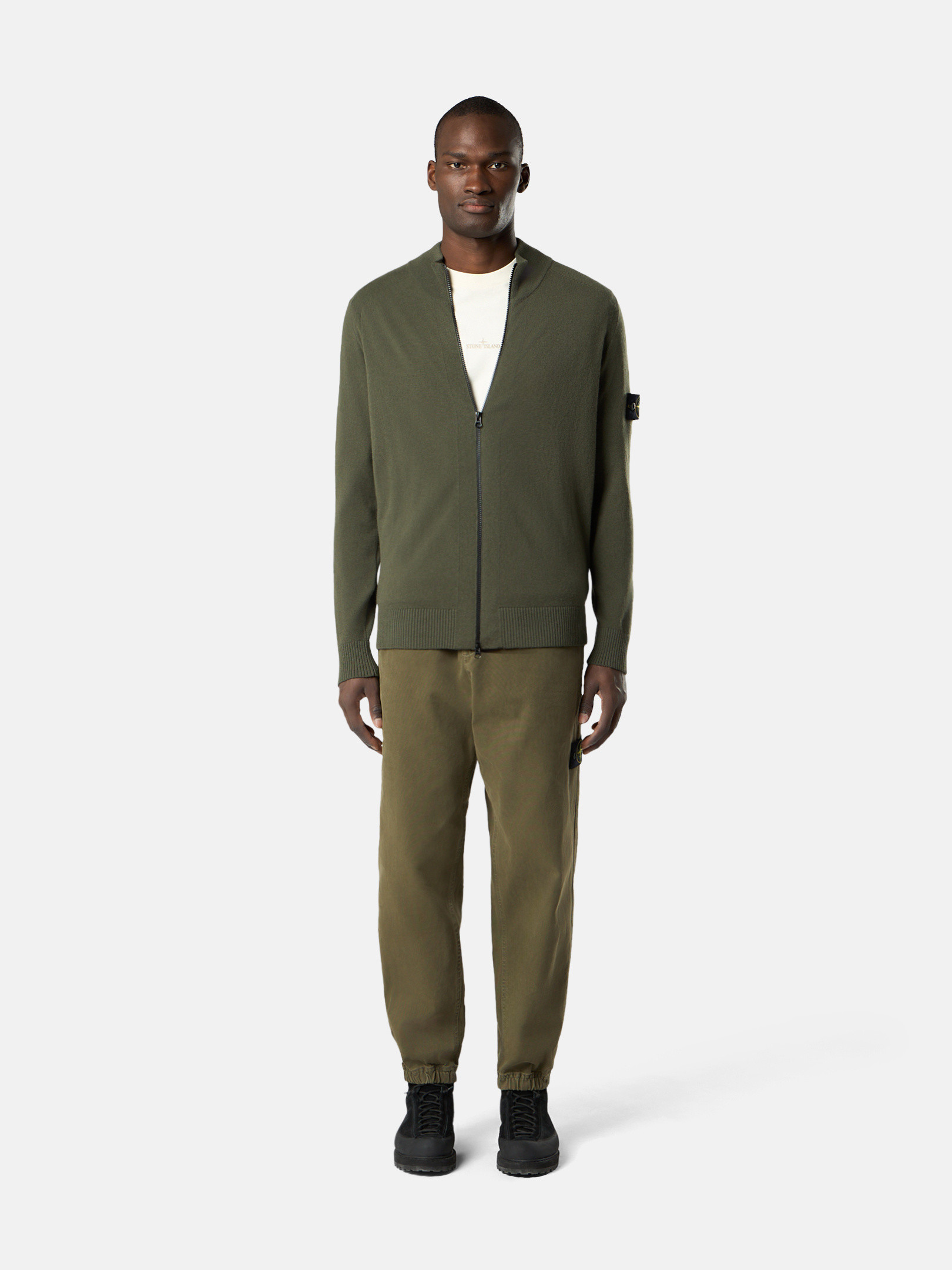 Military Green Zipper-up sweater with raglan sleeves and ribbed