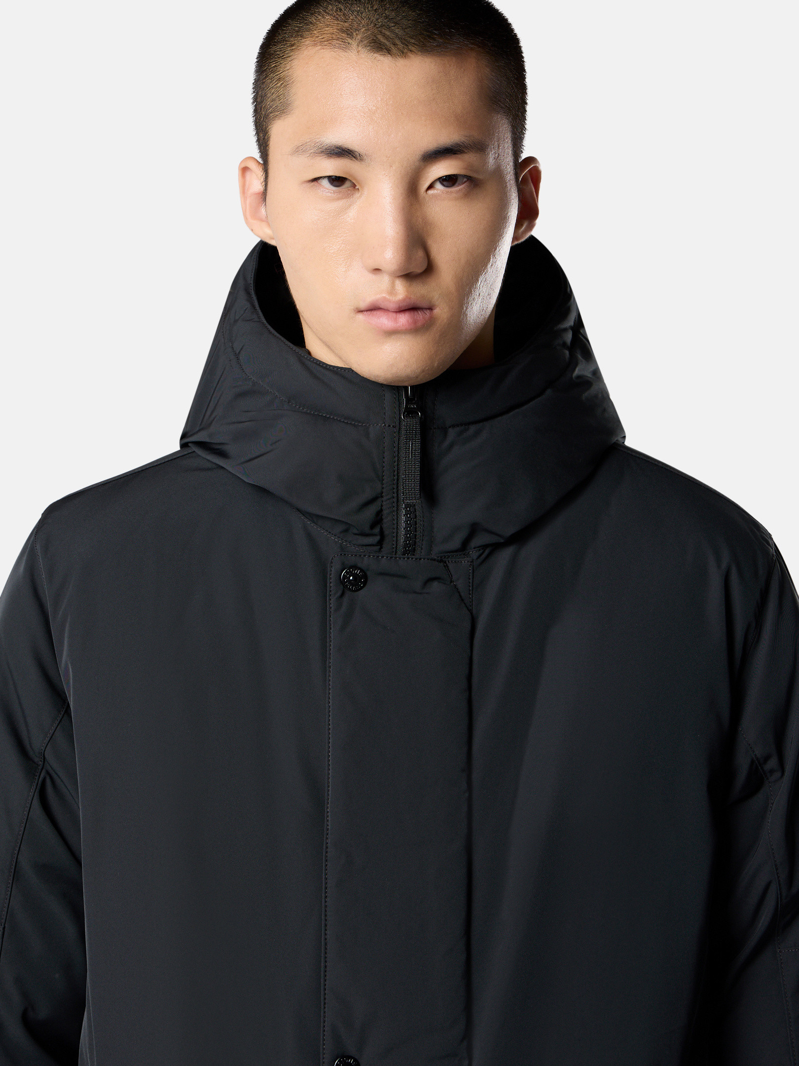Black Hooded down parka with anti-drop and multi-pocket