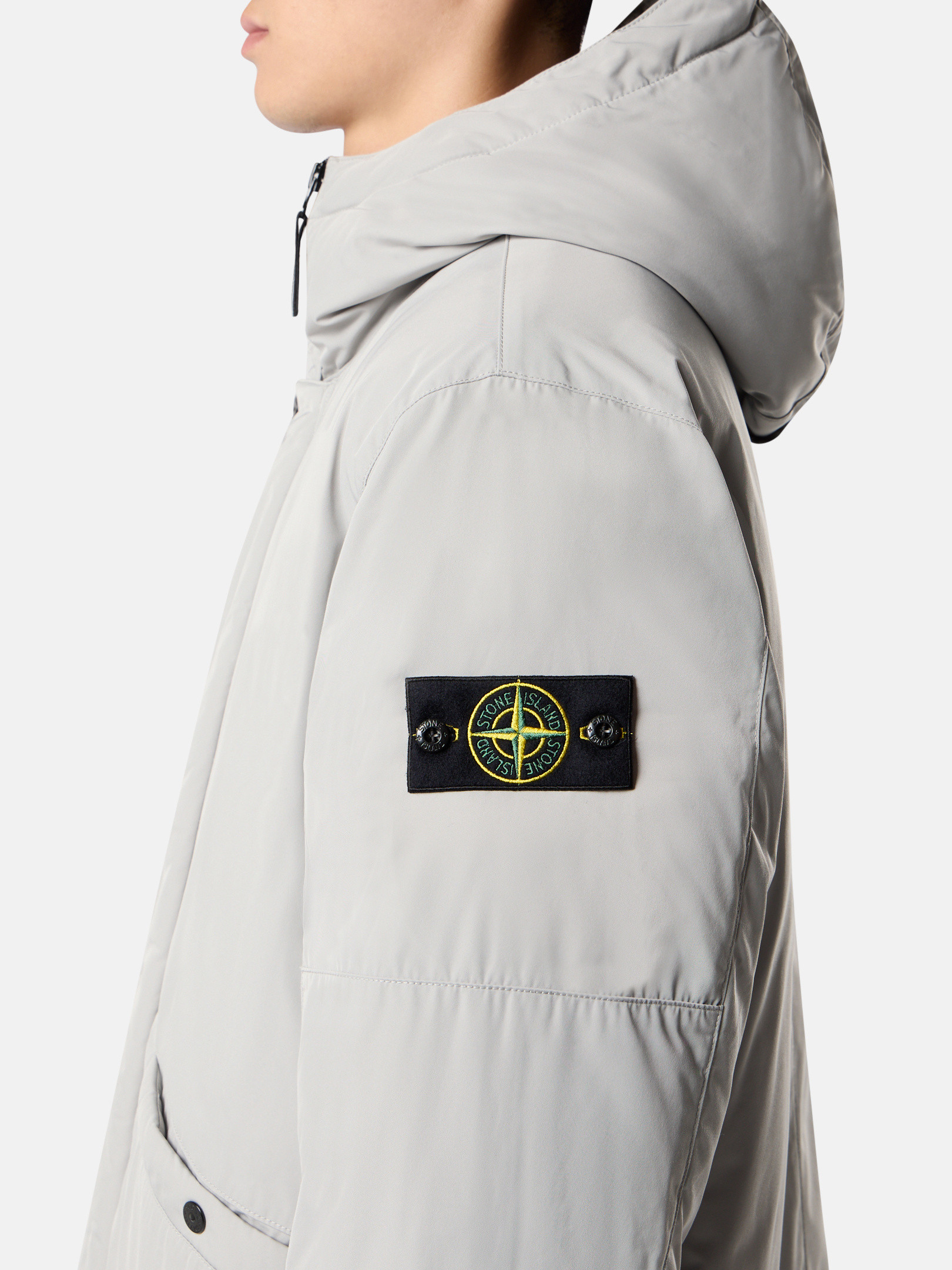 Pearl Grey Hooded down parka with anti-drop and multi-pocket