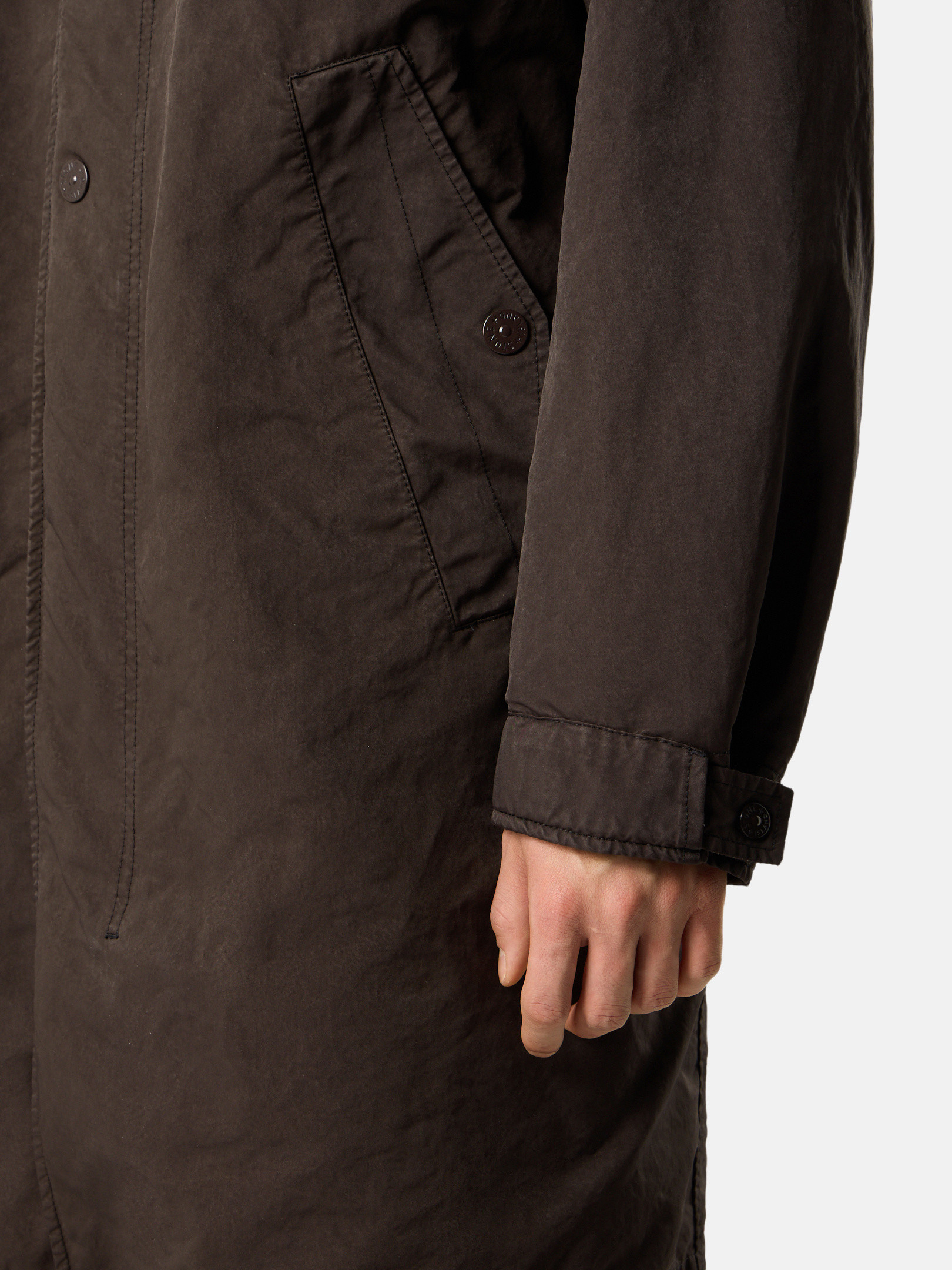 ダークブラウン 中綿入り ロングコート 撥水加工＆シアリングカラー