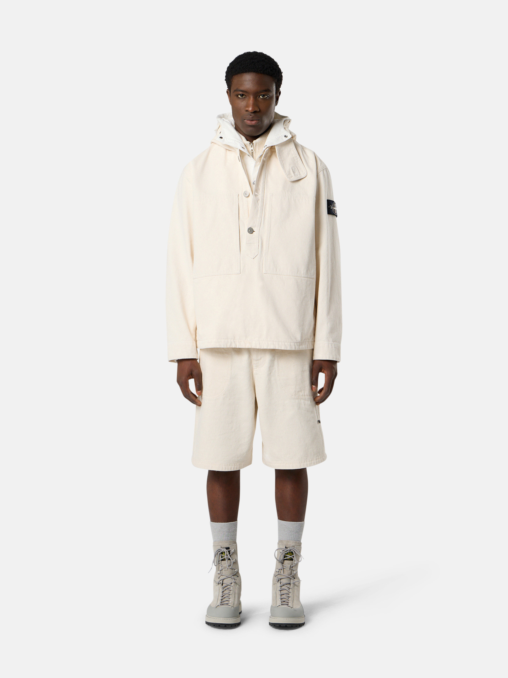 STONE  Q100001 コットン アノラック ウォッシュ加工 アイボリー Q100001 NATURAL COTTON GABARDINE_STONE ISLAND RAW