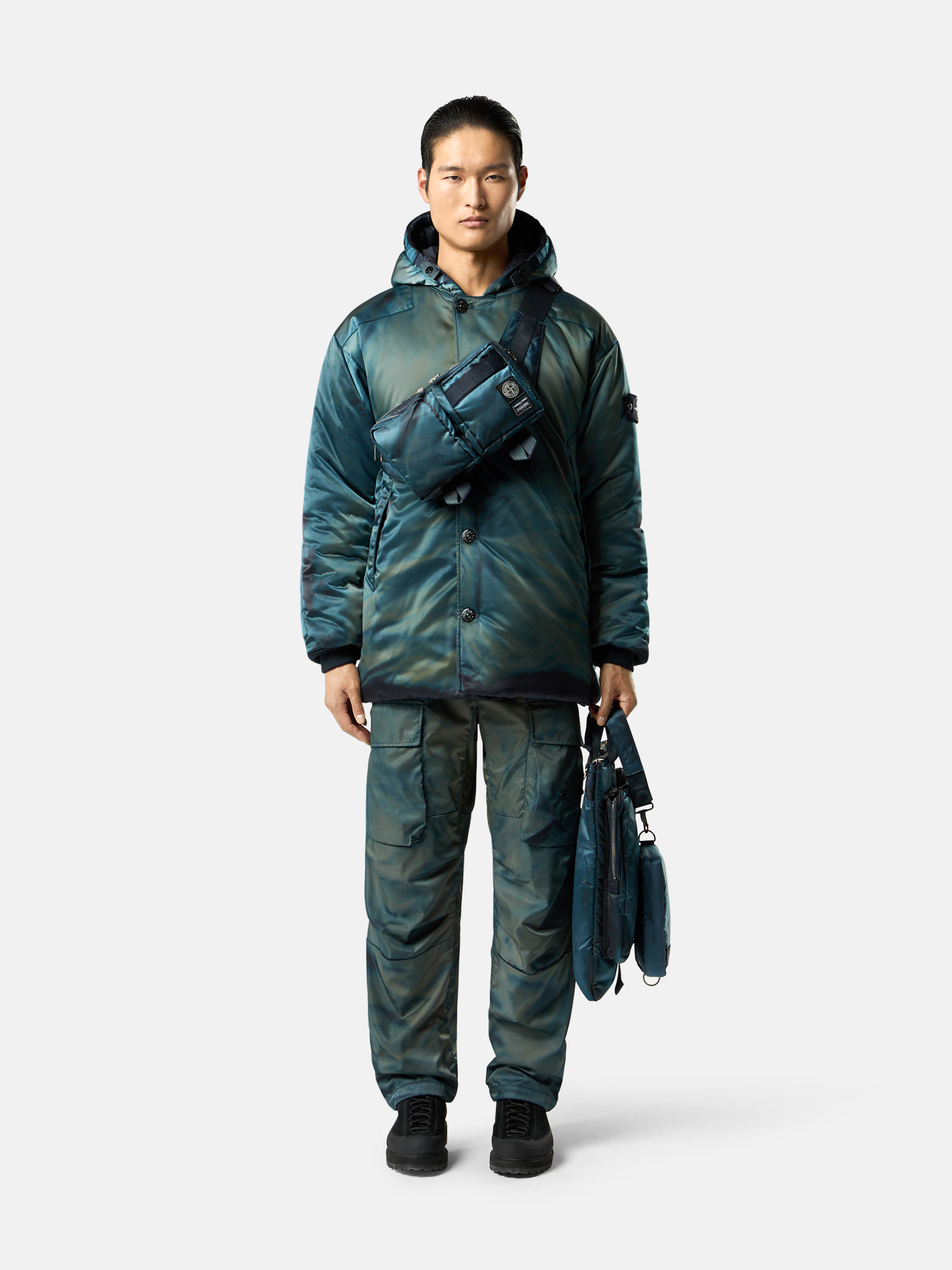 バッグ 9200005 HAND CORROSION ON NYLON TWILL Navy Blue Stone Island X PORTER pouch 9200005 HAND CORROSION ON