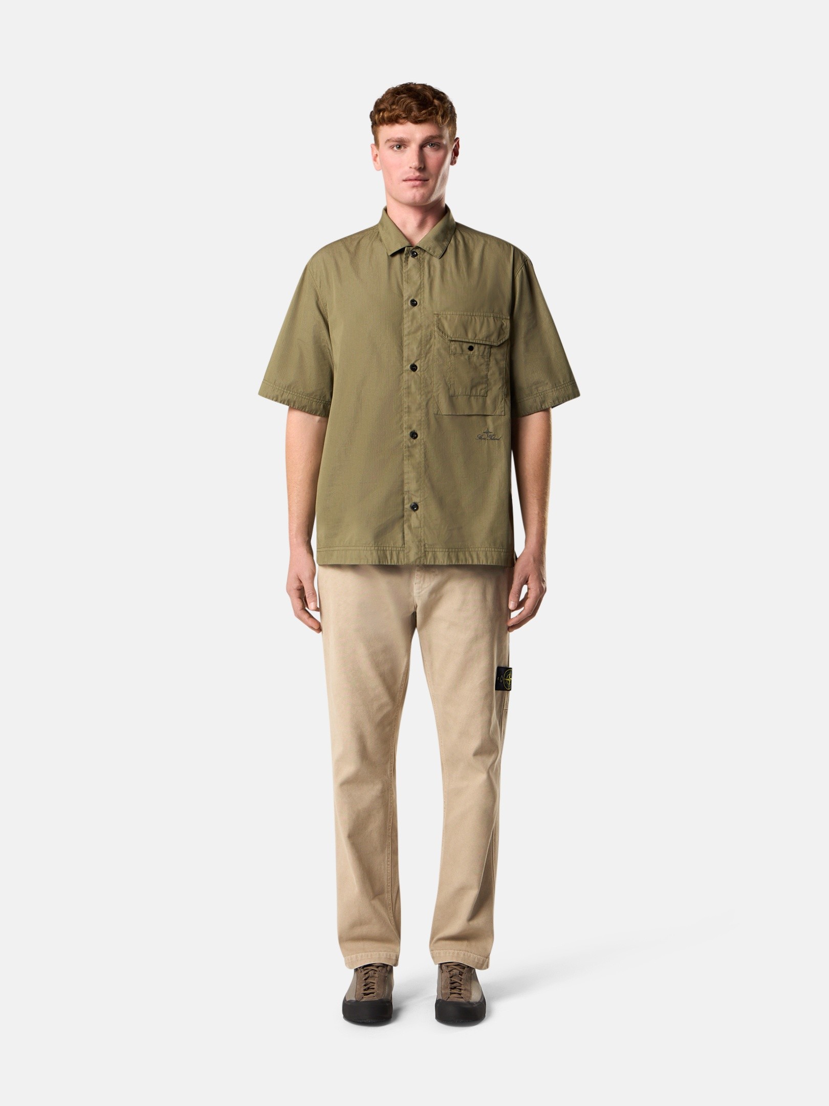 Military Green Comfort-fit short-sleeve shirt with chest pocket