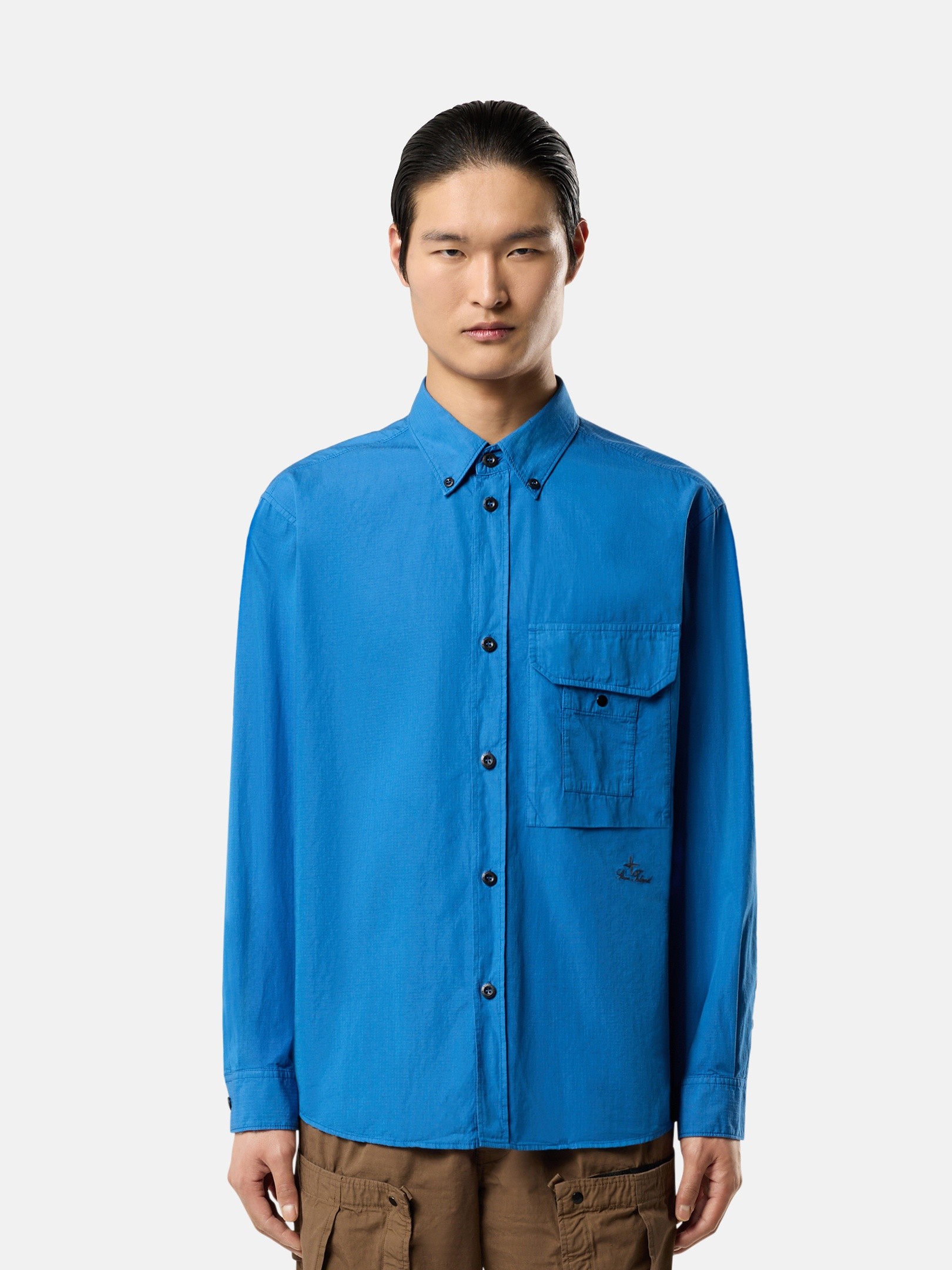 Bright Blue Comfort-fit long-sleeve shirt with dual chest pocket 