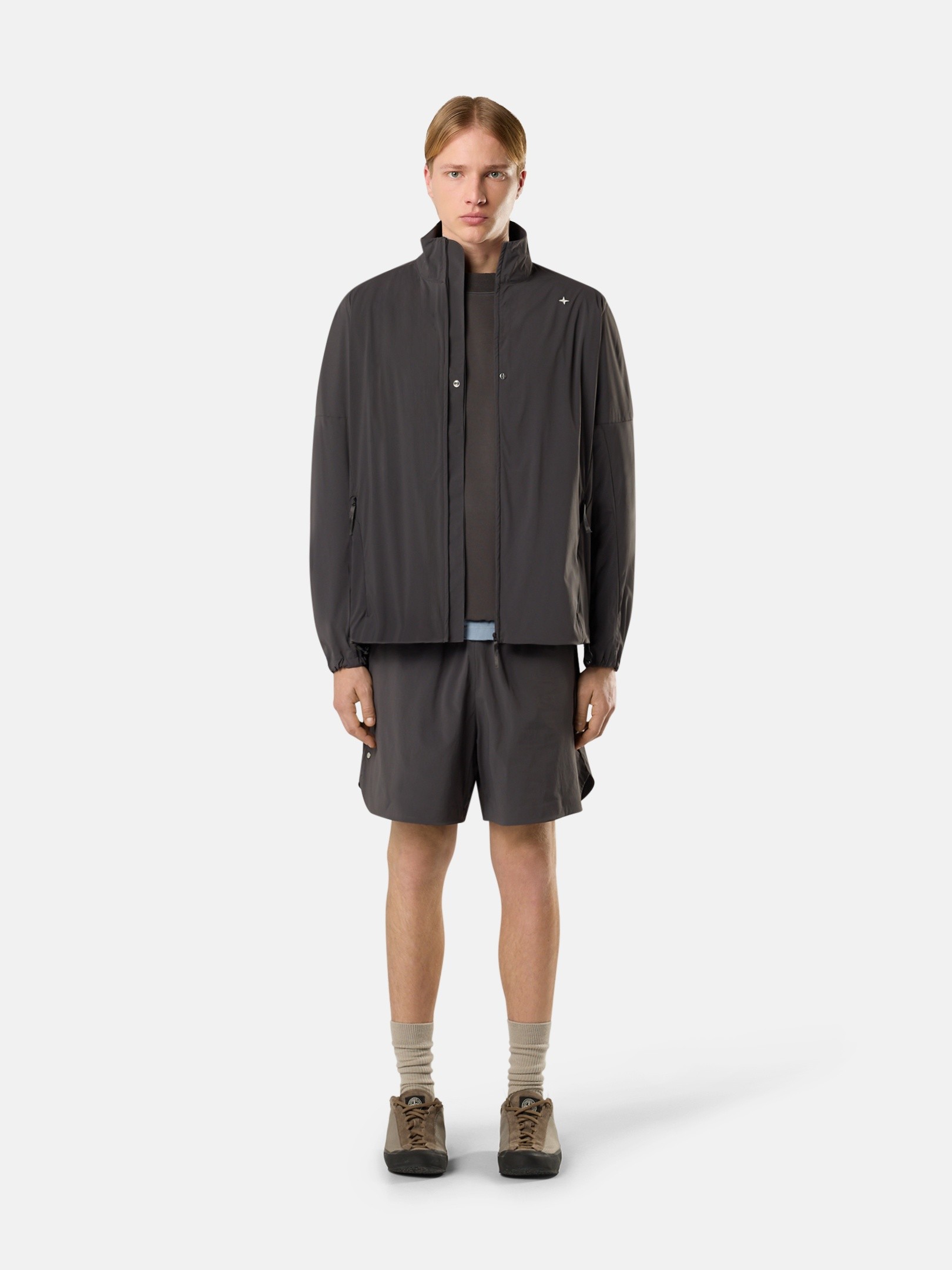 Charcoal Grey Oversized-fit zipper-up overshirt with raglan