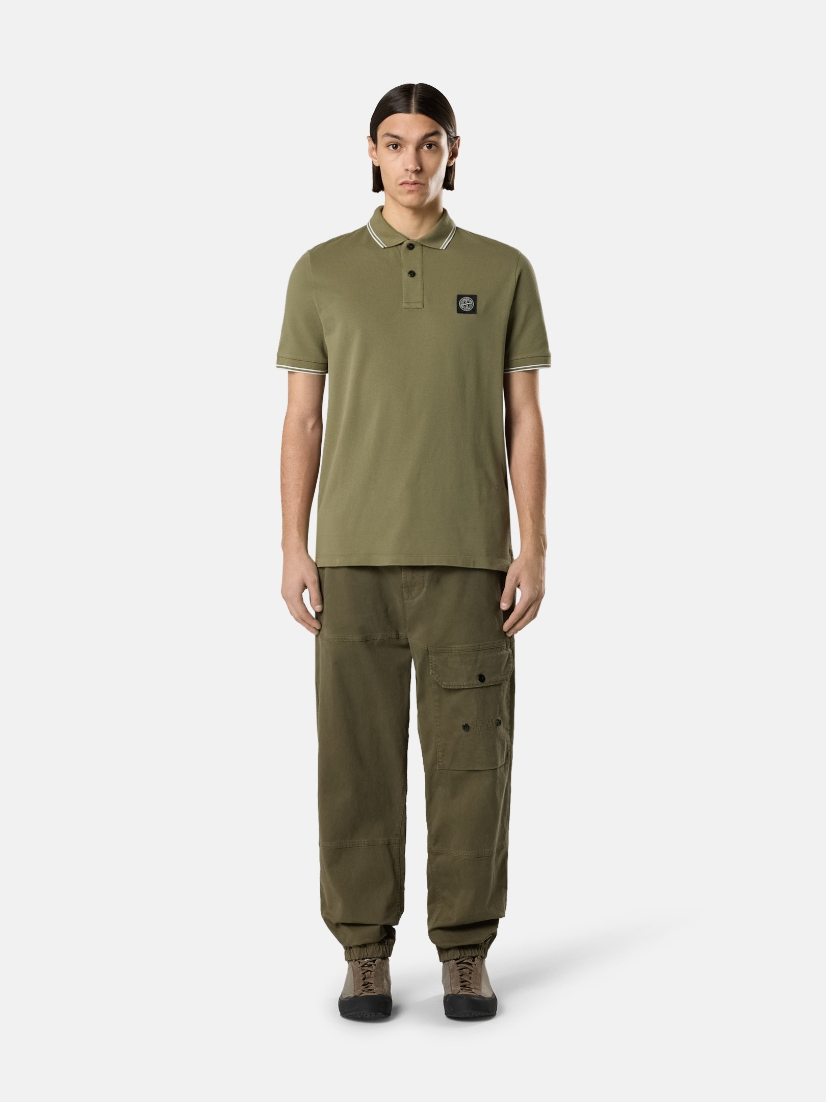 Military Green Slim-fit short-sleeve polo with Compass patch