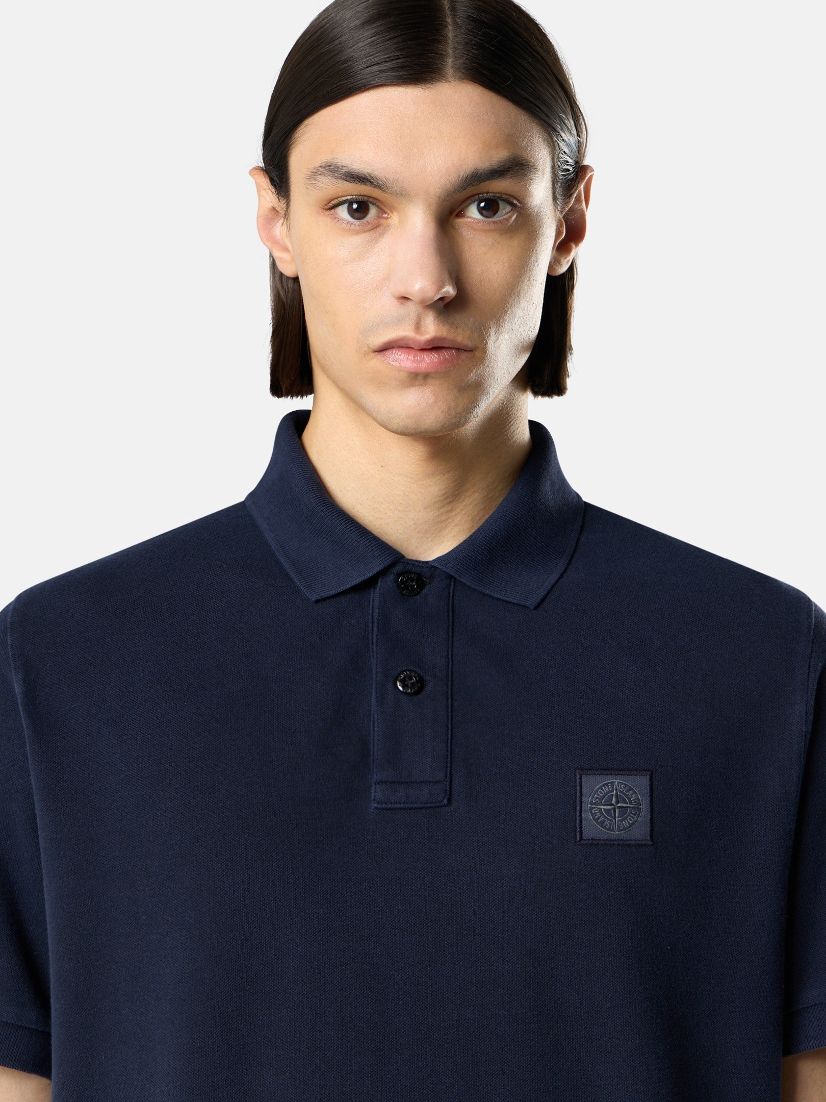 Navy Blue Slim-fit short-sleeve polo with Compass patch 22002SC