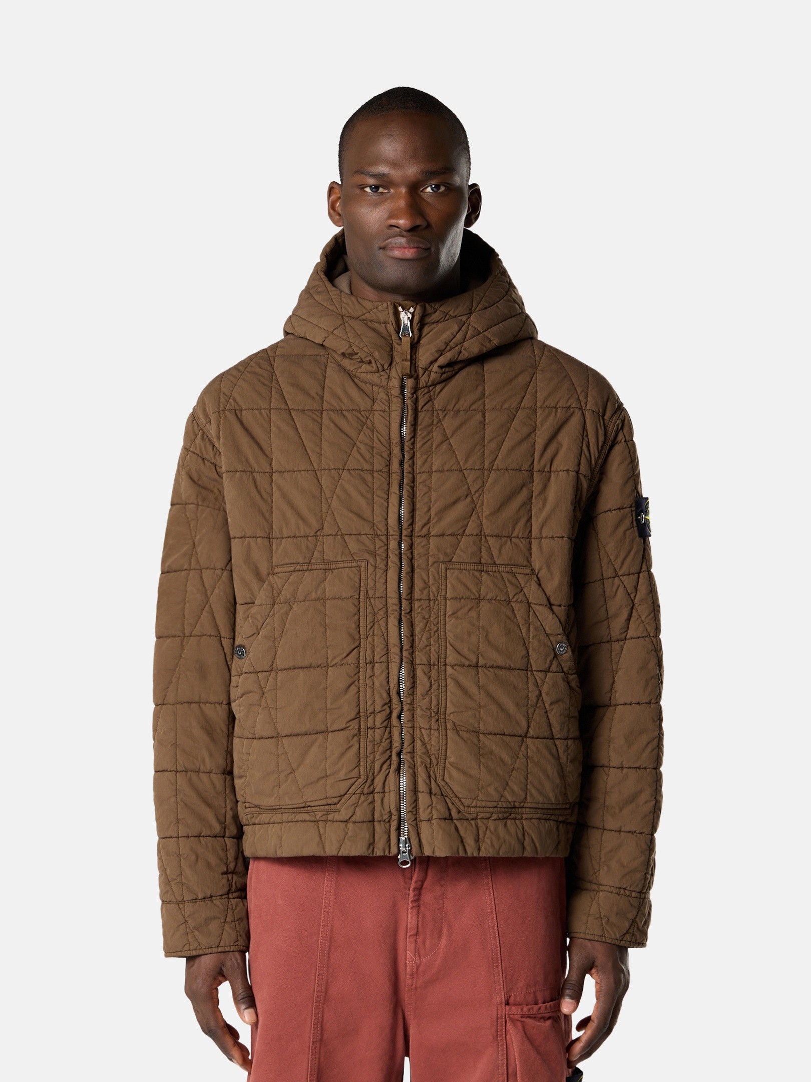 Umber Quilted hooded jacket with resin coating and anti-drop
