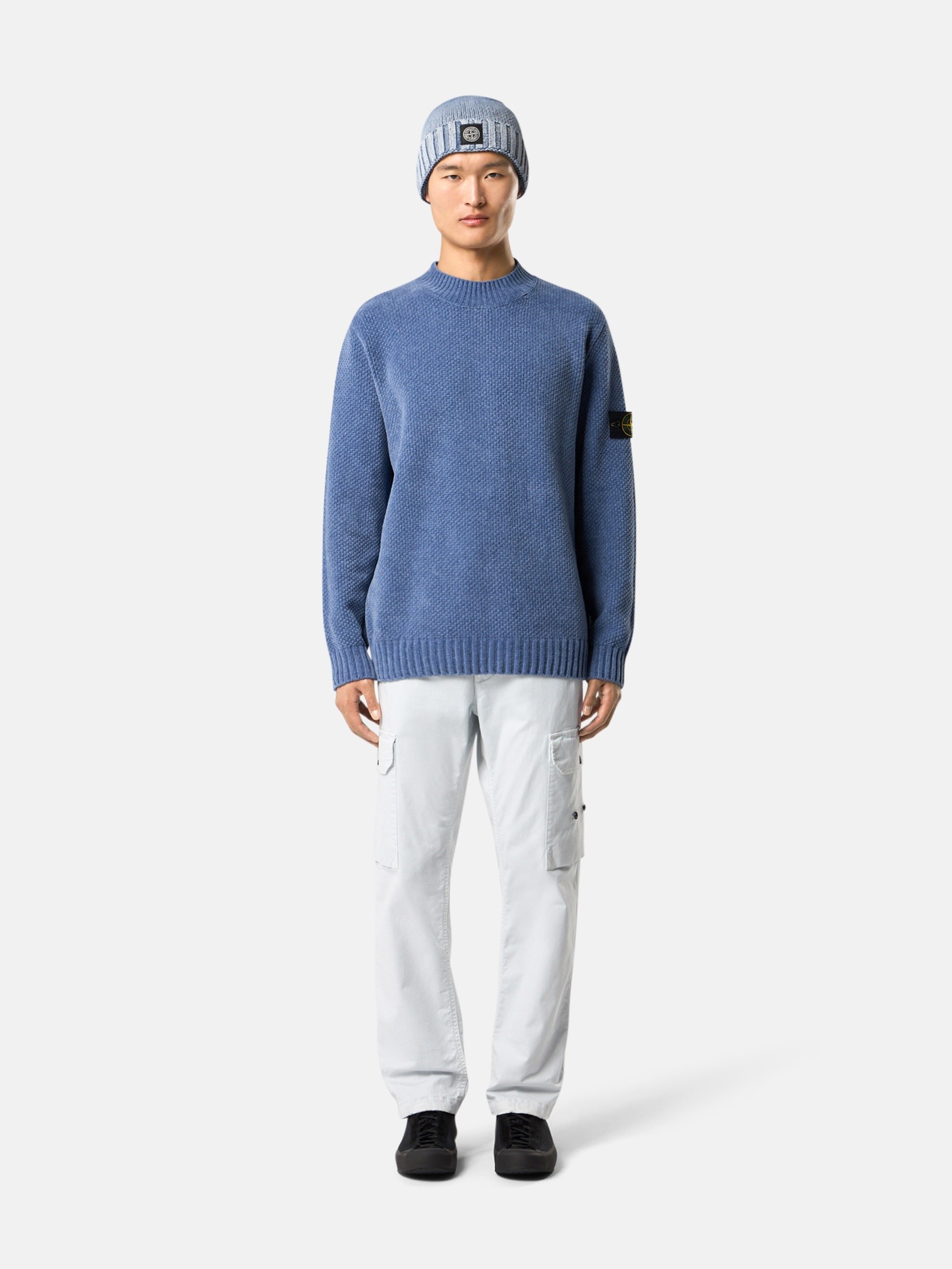 stone archive コットンニット　ブルー Avio Blue Mock neck jumper with ribbed trims 5100005 MOSS STITCH