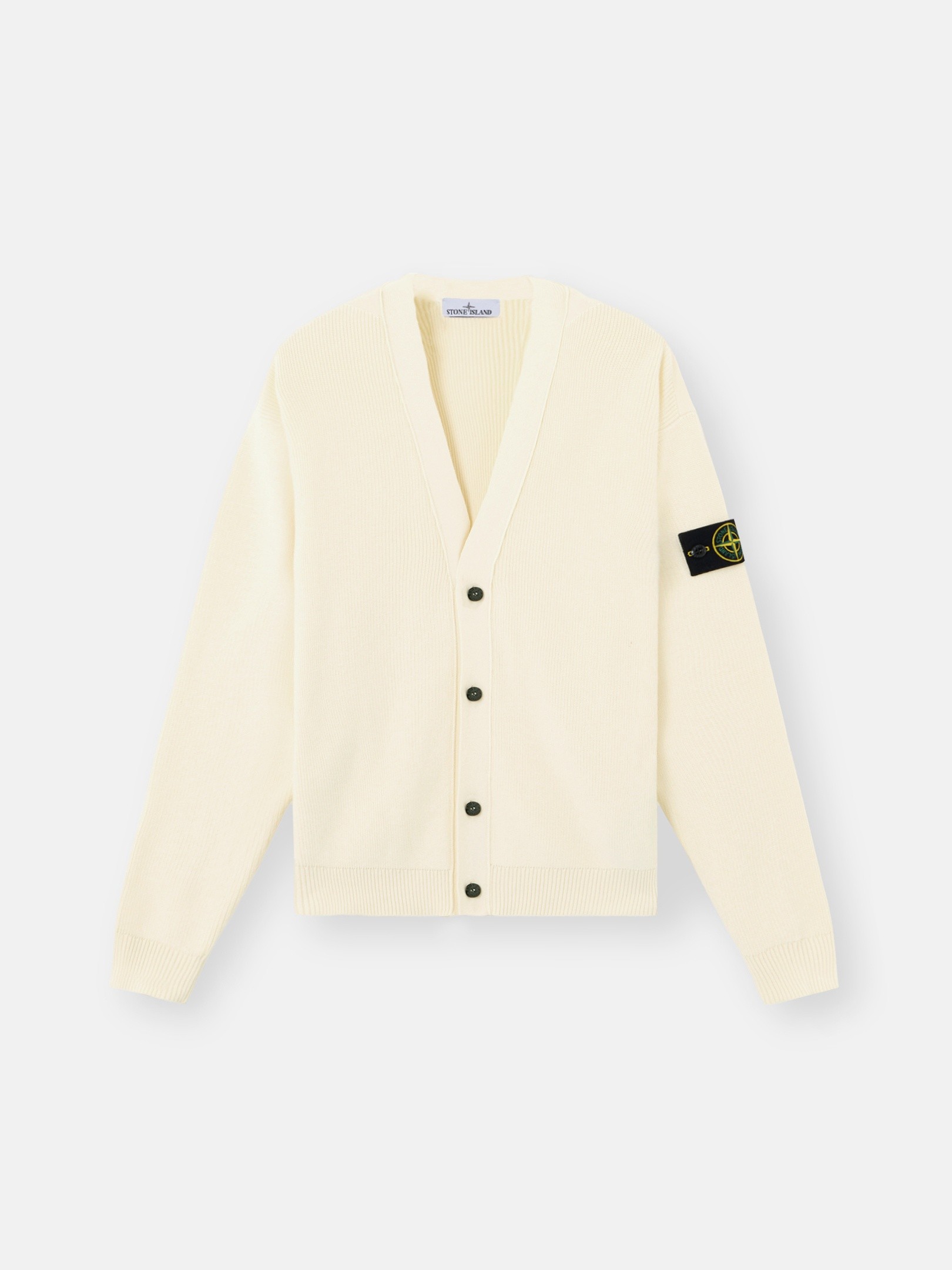 Ivory V-neck cardigan with buttons and ribbed trims 5100009 RIBBED