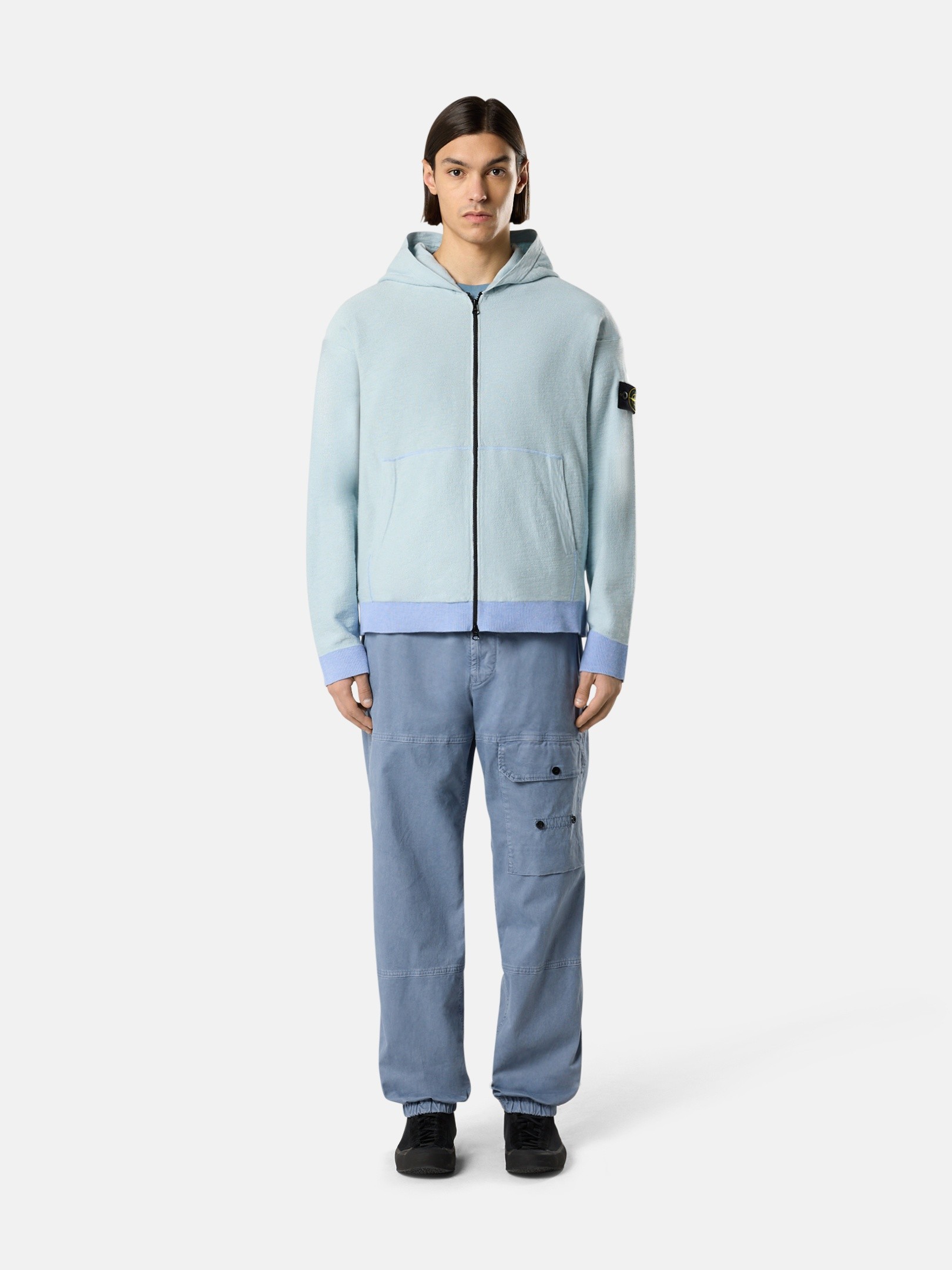 Sky Blue Loose-fit zipper-up hooded sweater with drop shoulders