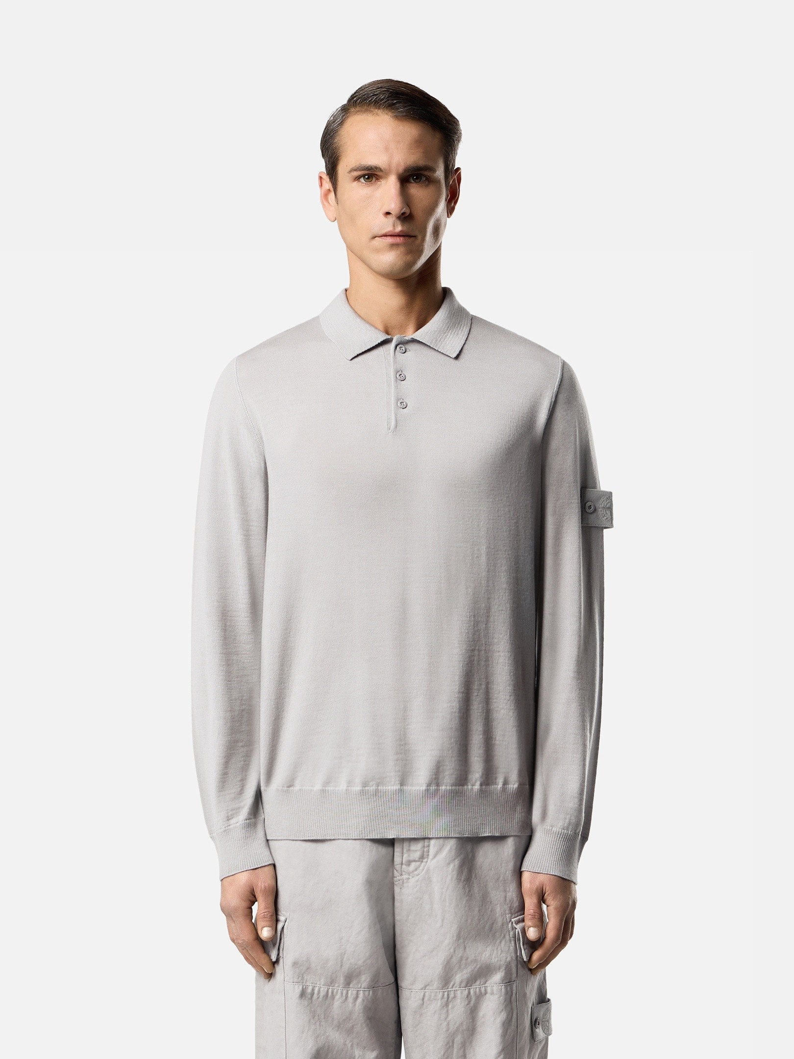 STONE  100%ウール 長袖シャツ XL グレー Dust Grey Regular-fit long-sleeve polo with ribbed trims 5100076