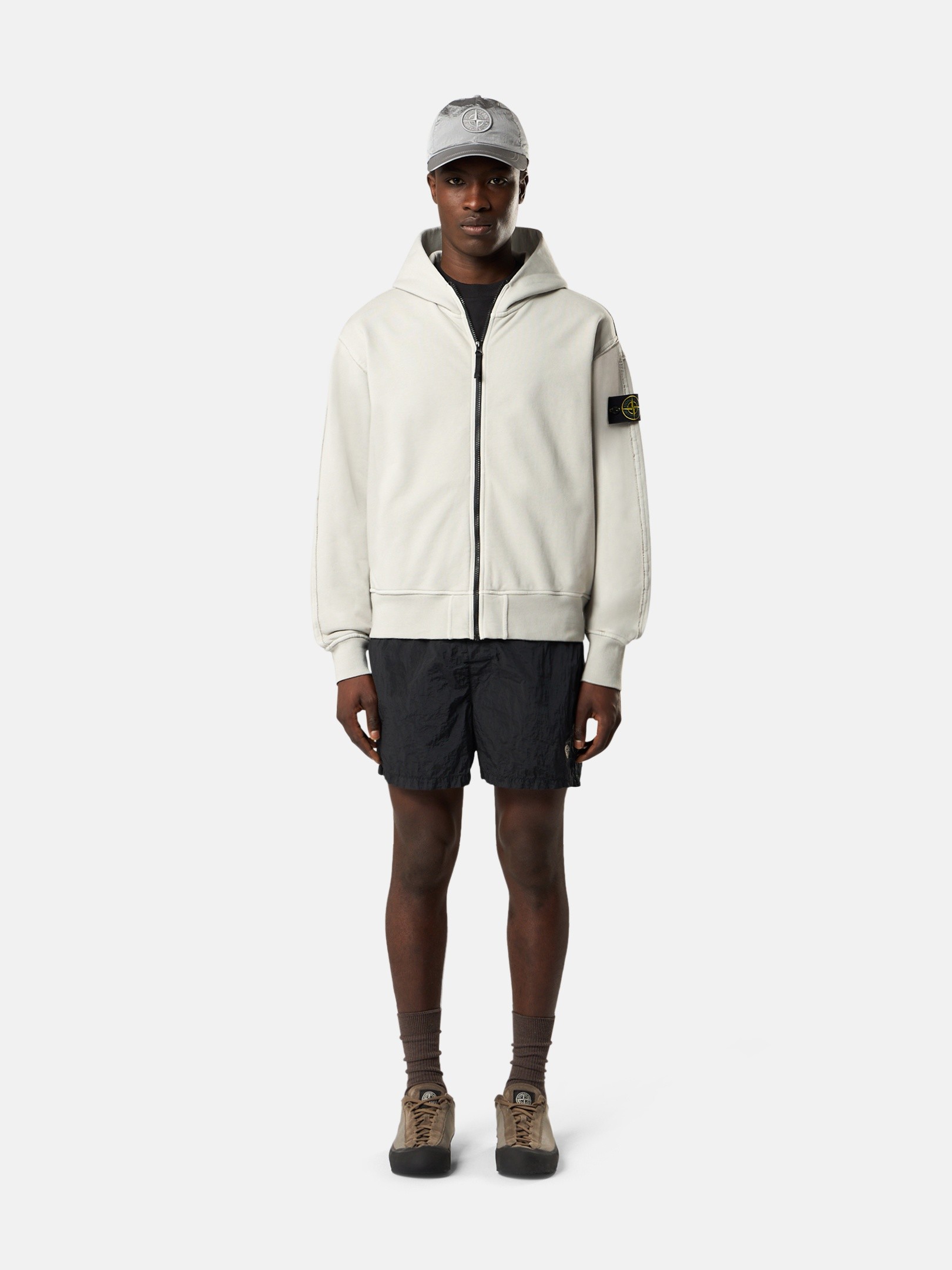 Pearl Grey Oversized-fit zipper-up hooded sweatshirt with pockets