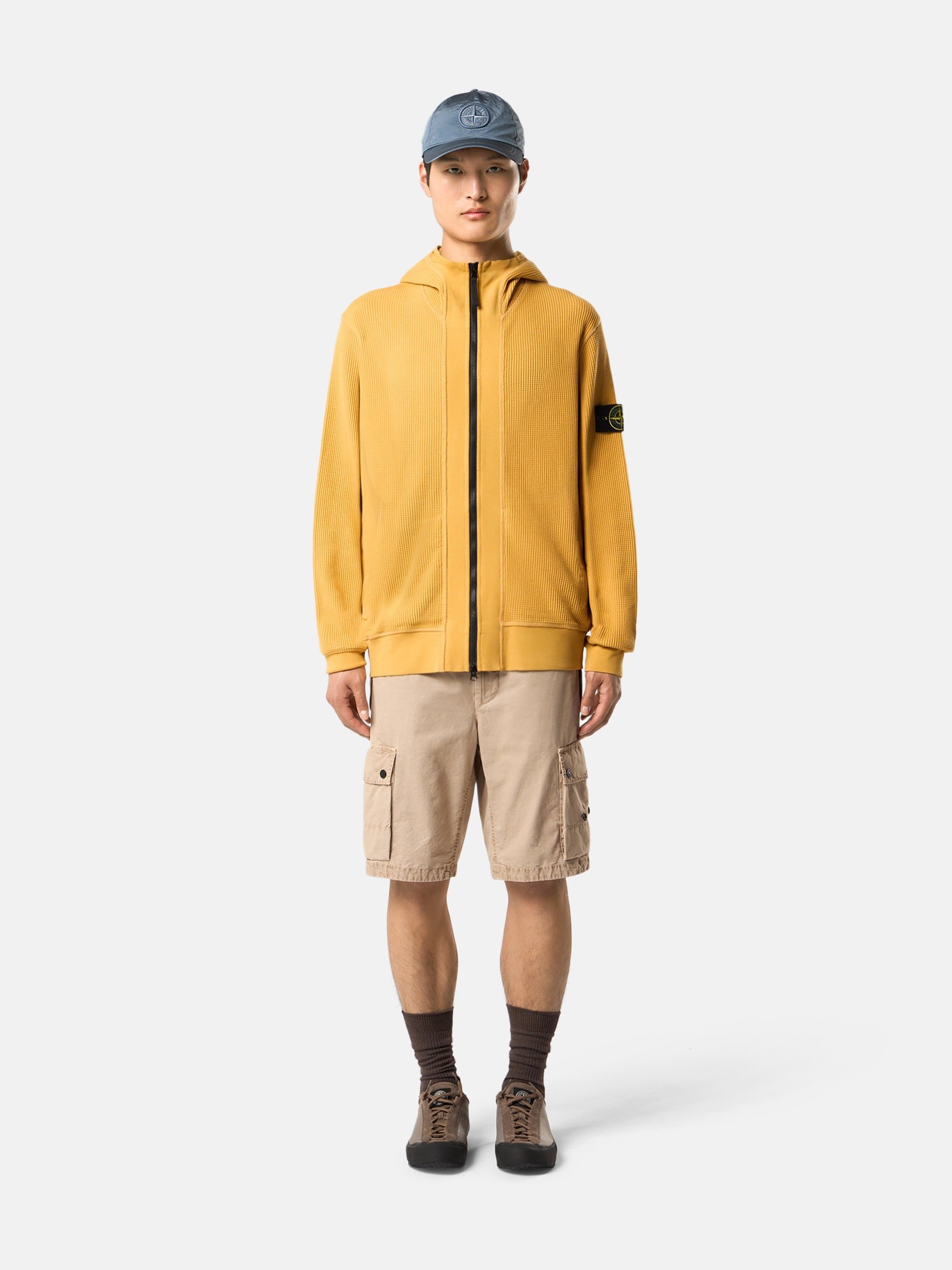 Mustard Regular-fit zipper-up hooded sweatshirt with pockets