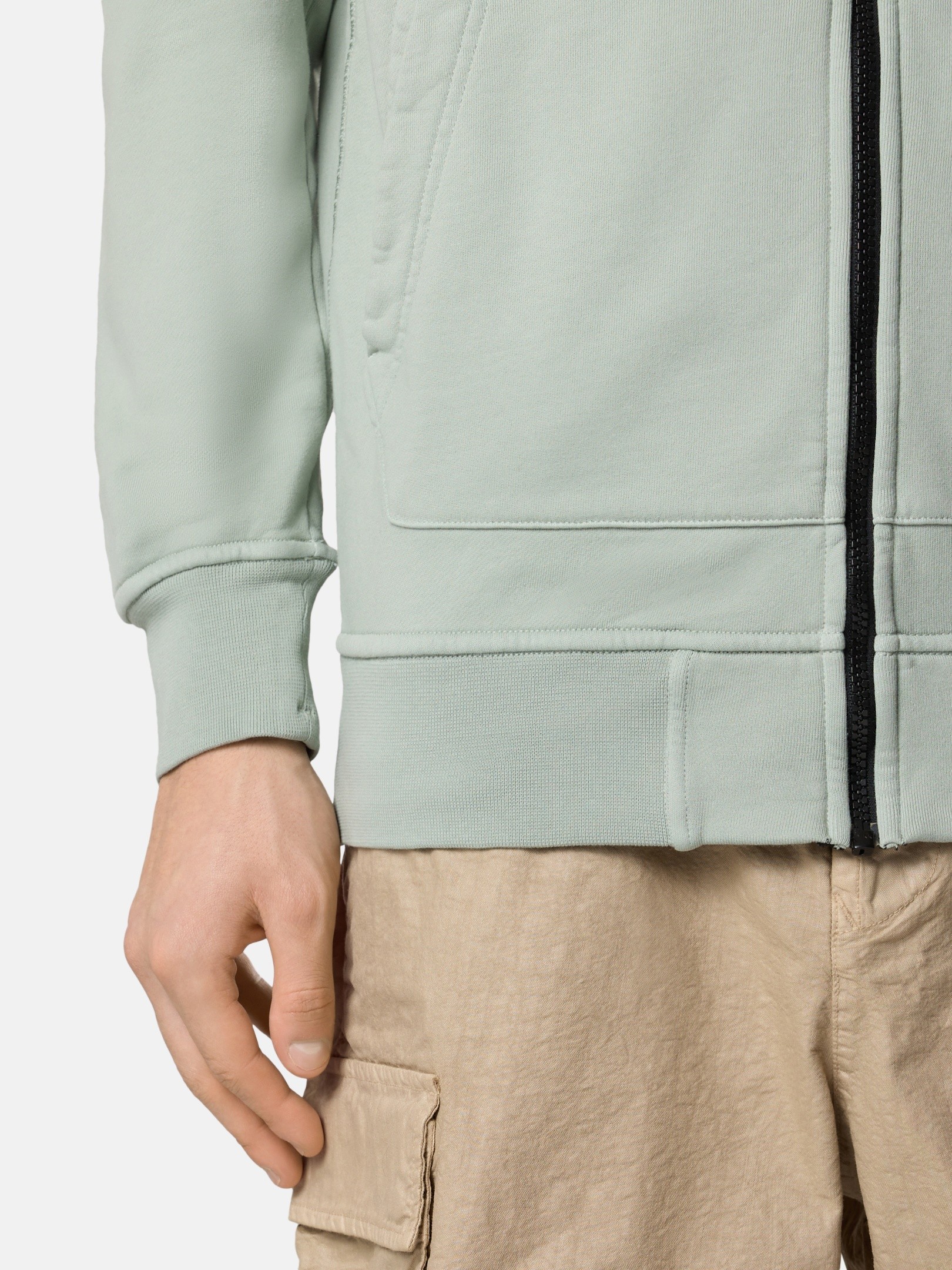 Sage Green Regular-fit zipper-up hooded sweatshirt with pockets