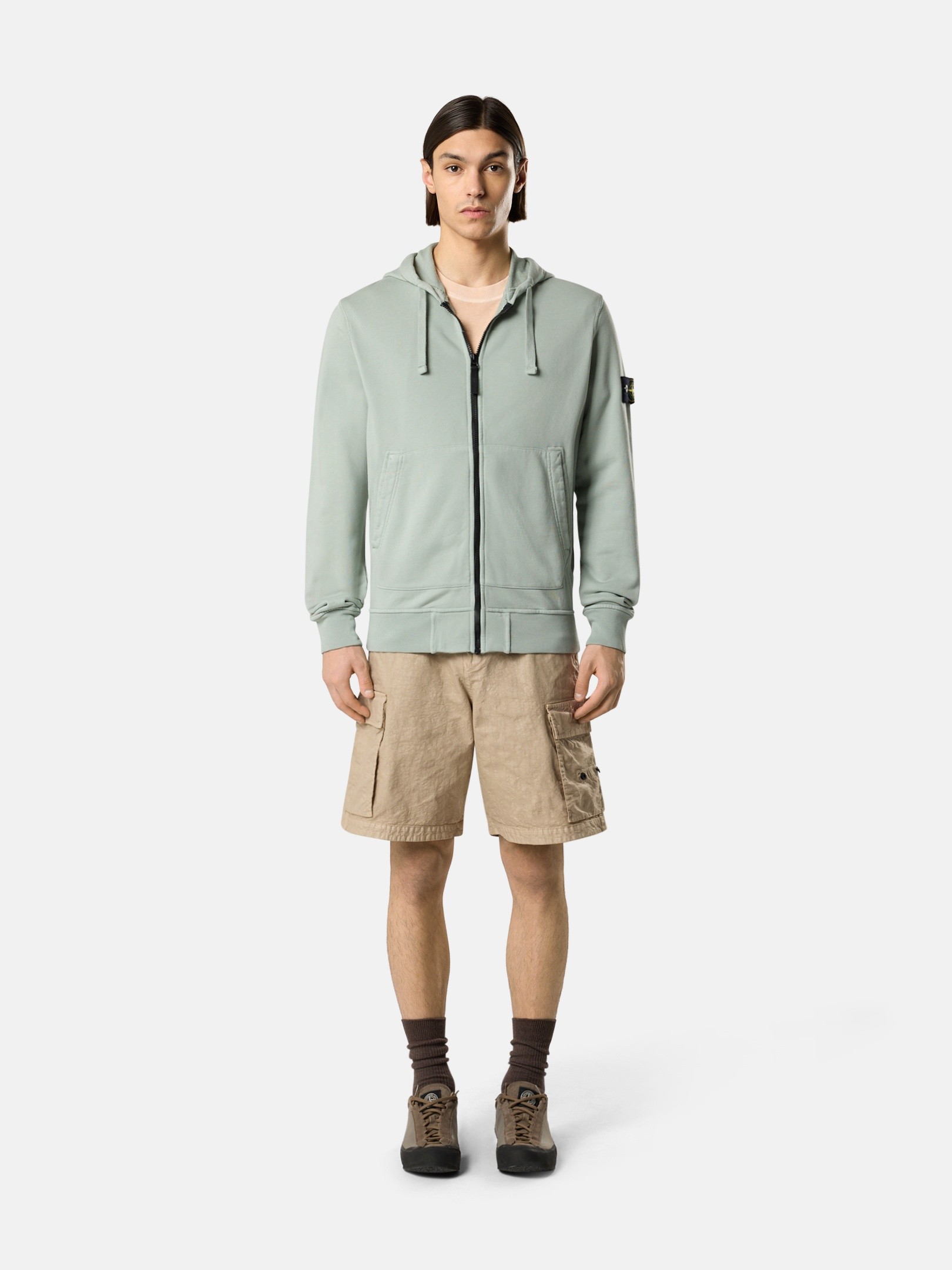Sage Green Regular-fit zipper-up hooded sweatshirt with pockets