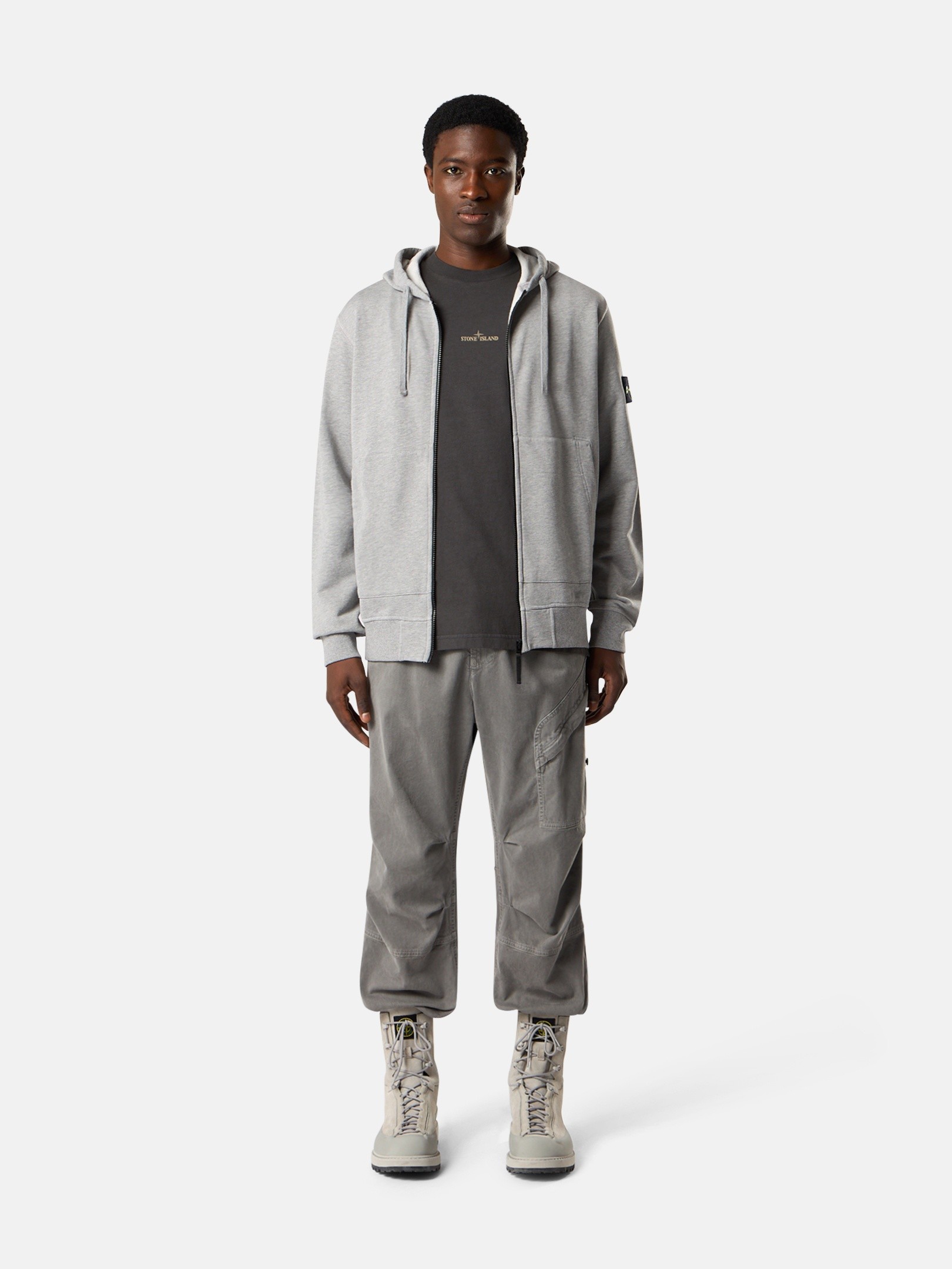 Dust Grey Melange Regular-fit zipper-up hooded sweatshirt with