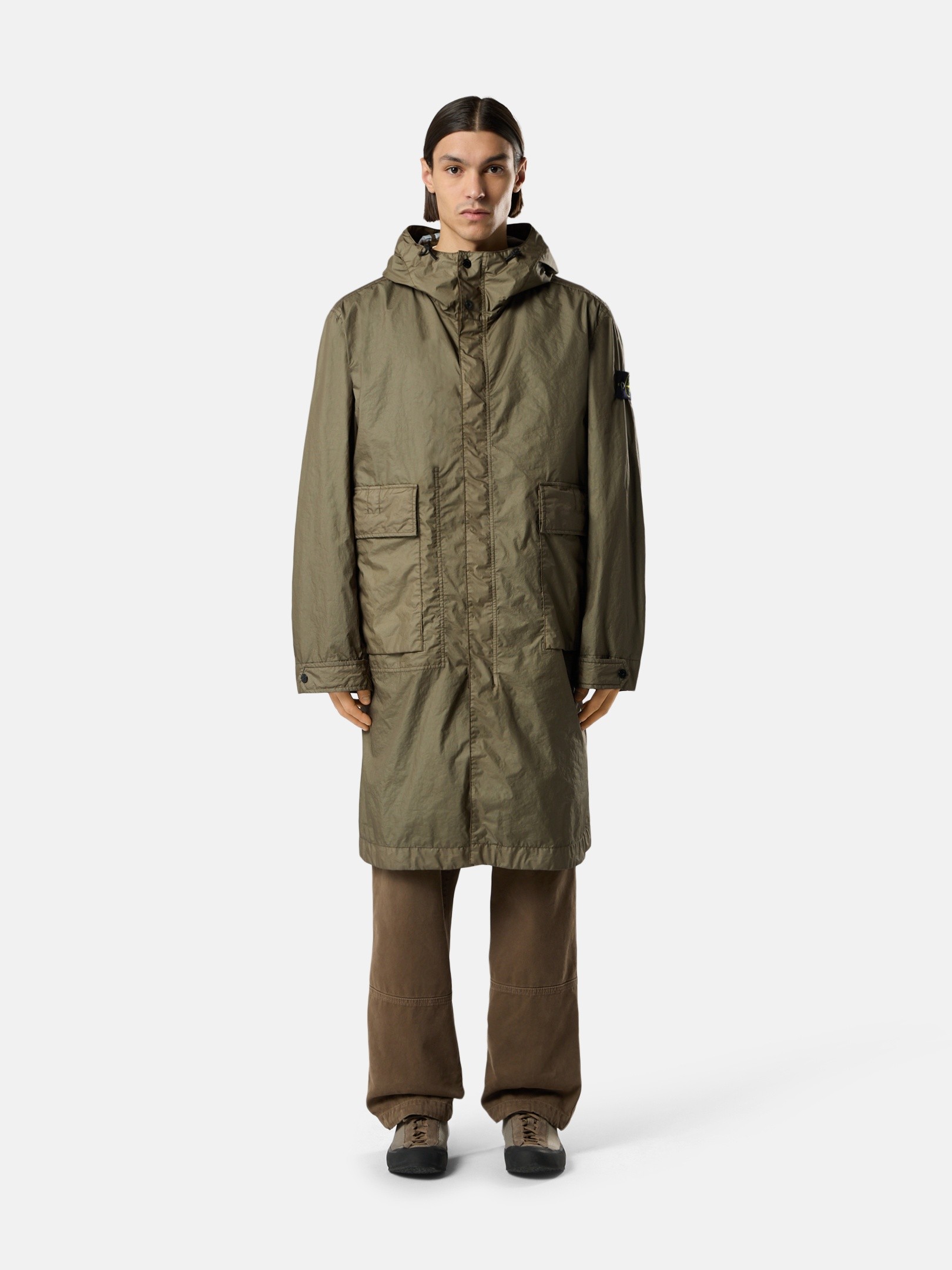 Military Green Long hooded parka with water-resistant membrane