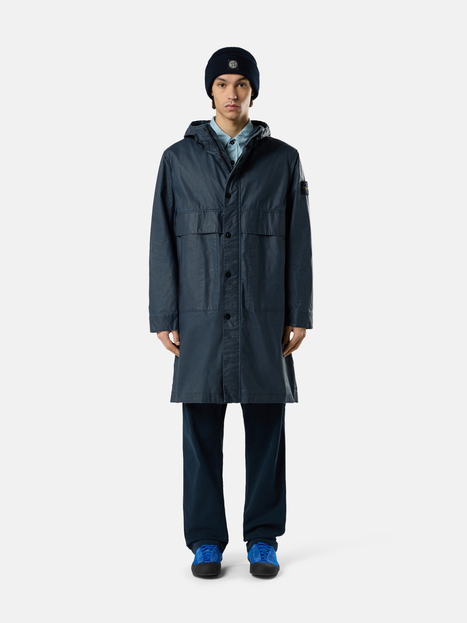 Navy Blue Long hooded parka with storm flaps 7100002 WAXED PIGMENT