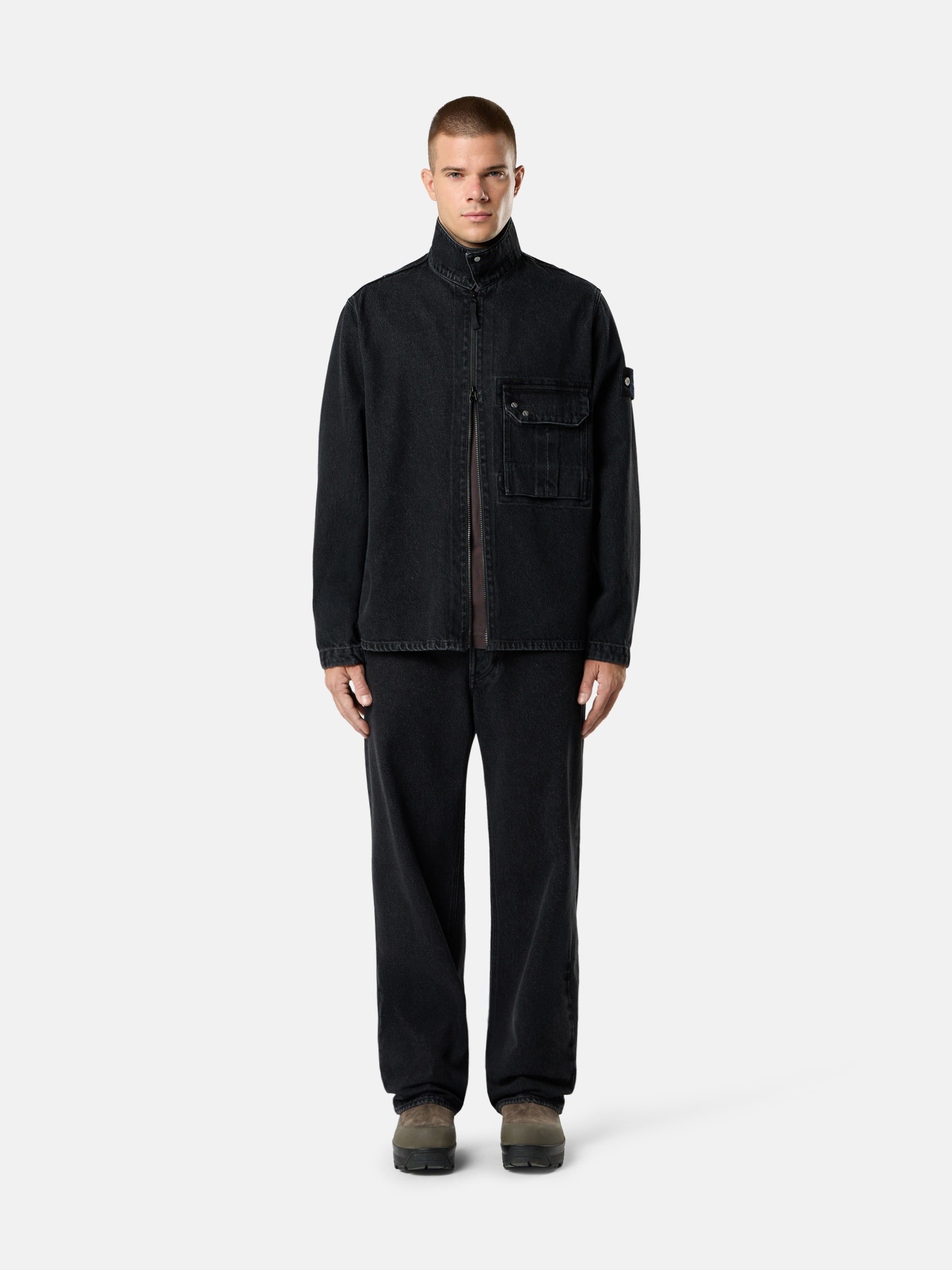 Black Medium Wash Comfort-fit zip-up overshirt with chest pocket