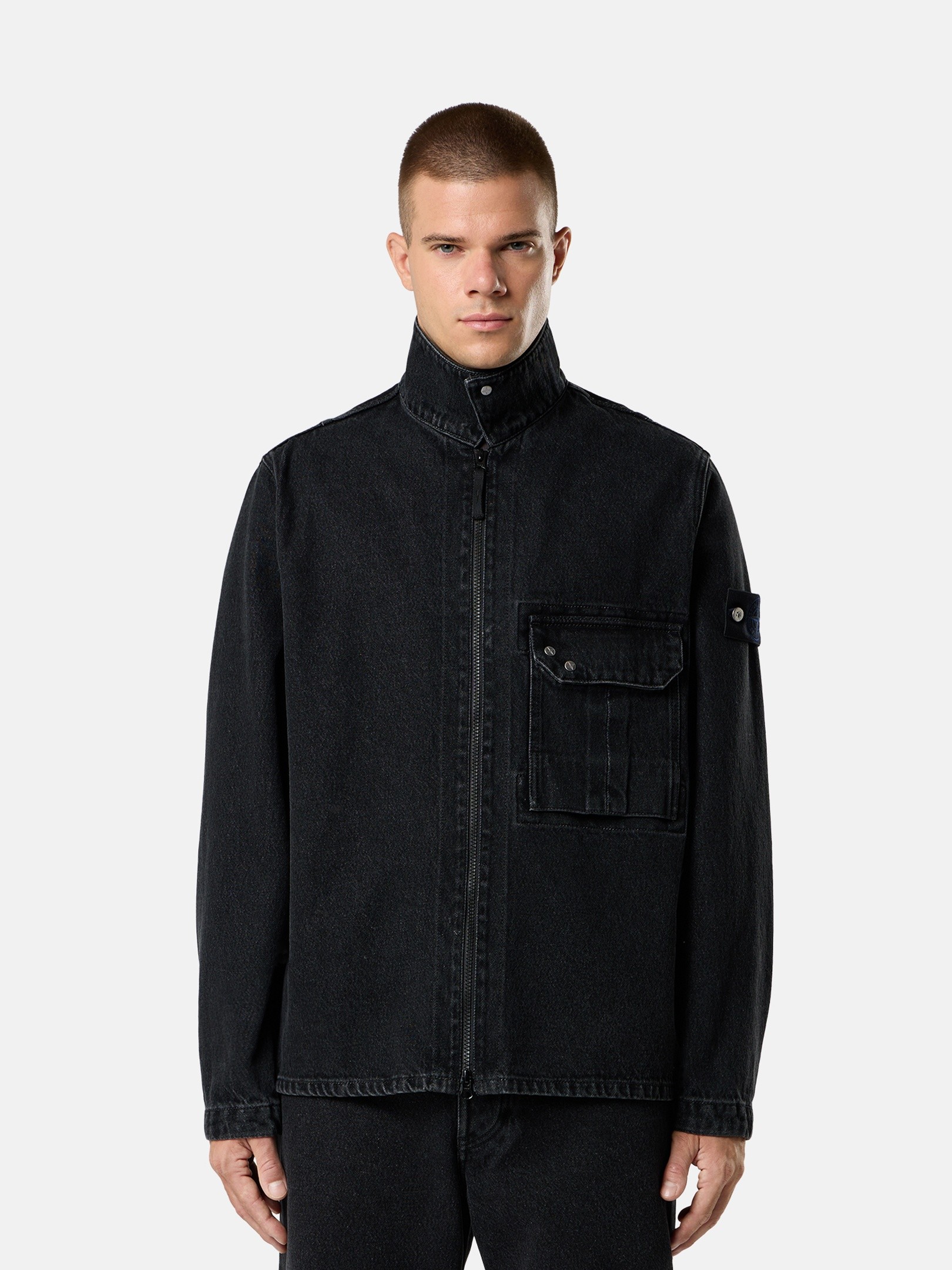 Stone  【M】 1200002 ブラックデニムジャケット Black Medium Wash Comfort-fit zip-up overshirt with chest pocket