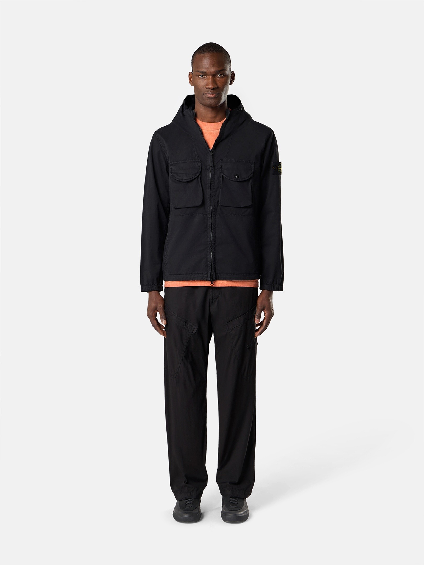 Black Comfort-fit hooded zip-up overshirt with chest pockets