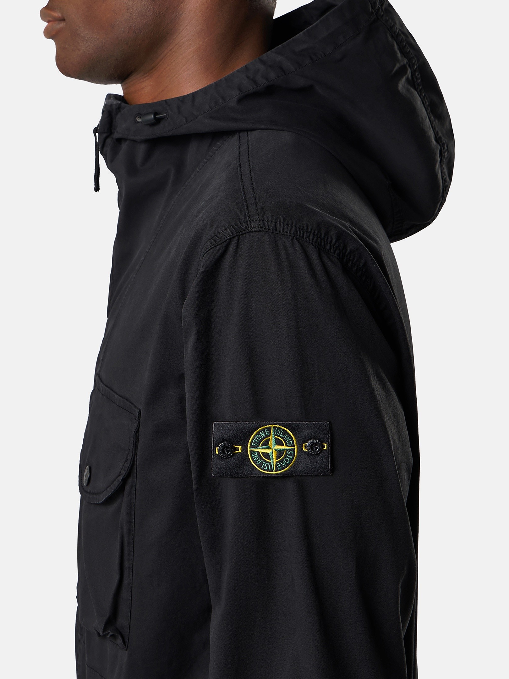 Black Comfort-fit hooded zip-up overshirt with chest pockets