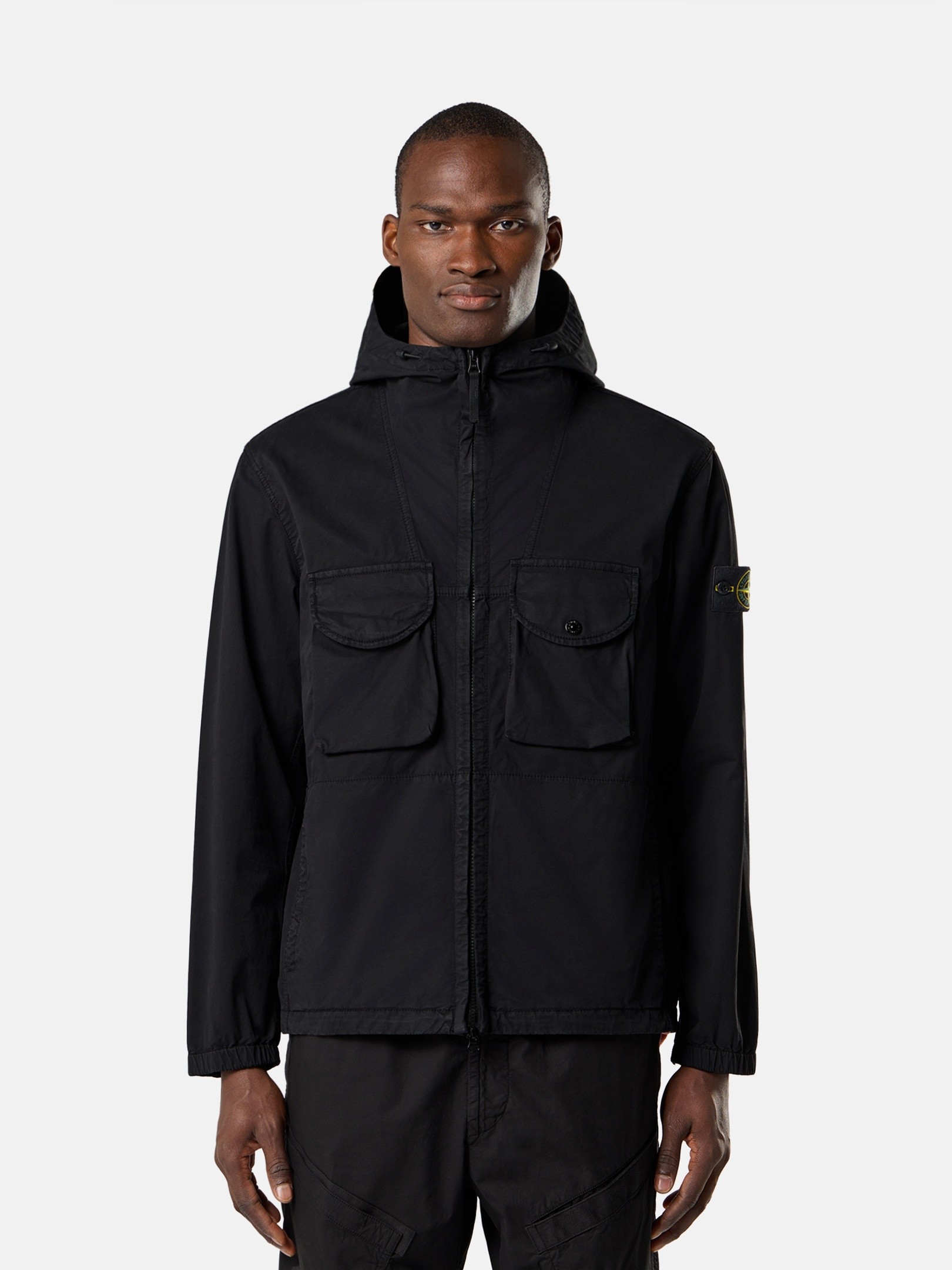 Black Comfort-fit hooded zip-up overshirt with chest pockets