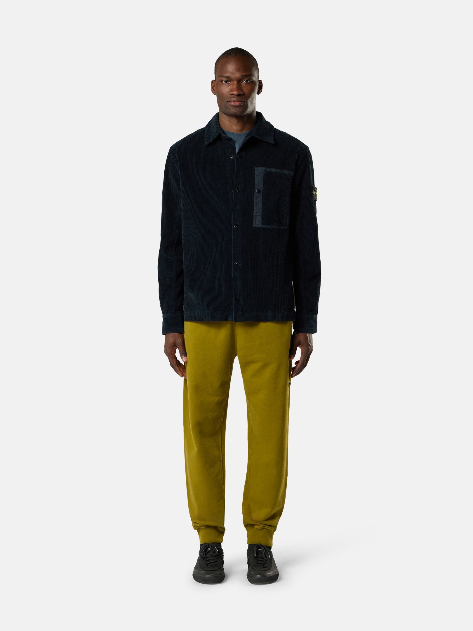 @*割様 Stone  Corduroy Shirt Jacket Navy Blue Comfort-fit snap-front overshirt with chest pocket